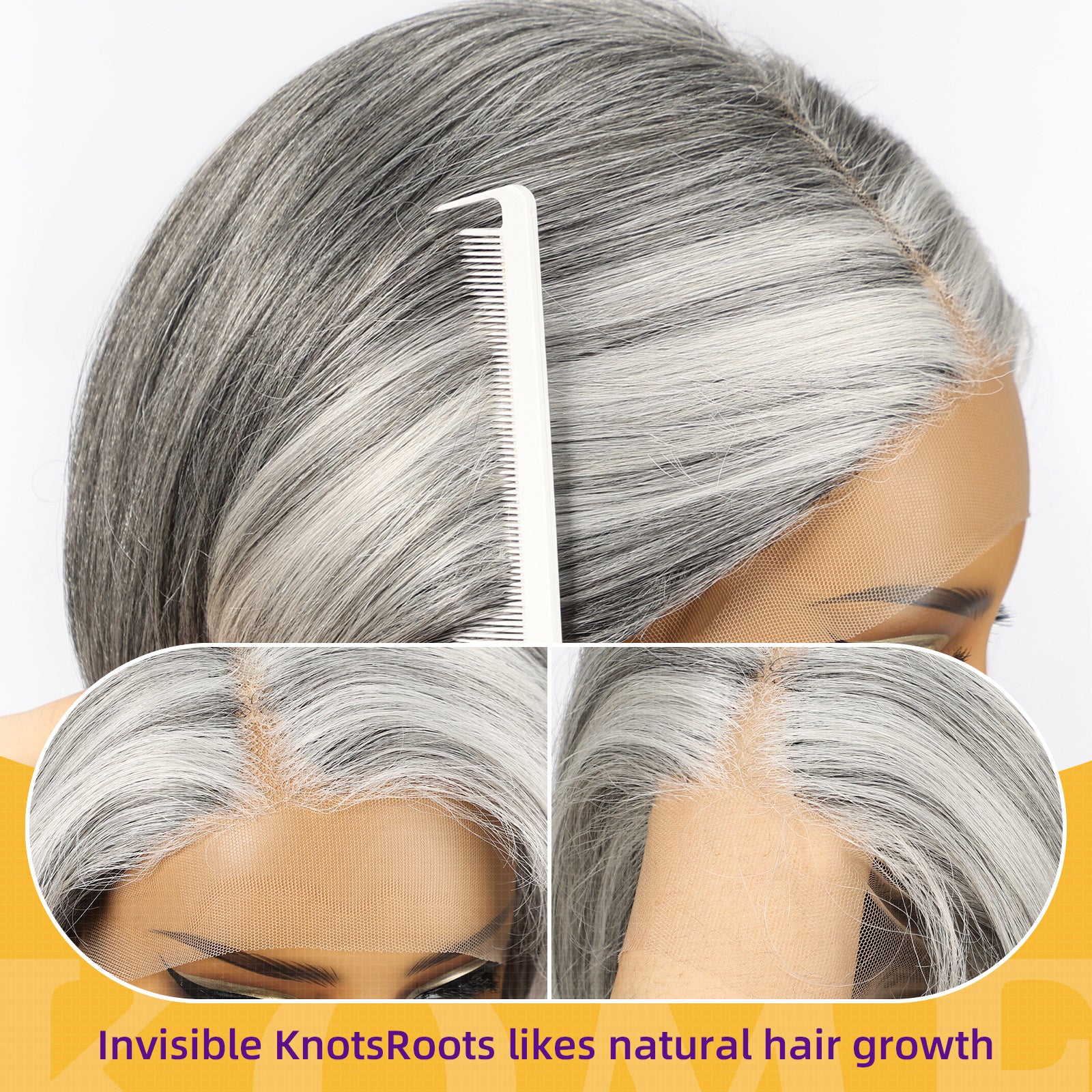 KOME Grey Synthetic Lace Front Wig,Silver Side Part Short Straight Glueless Bob Wigs for White Women Daily Use 10IN (#2/60HL)