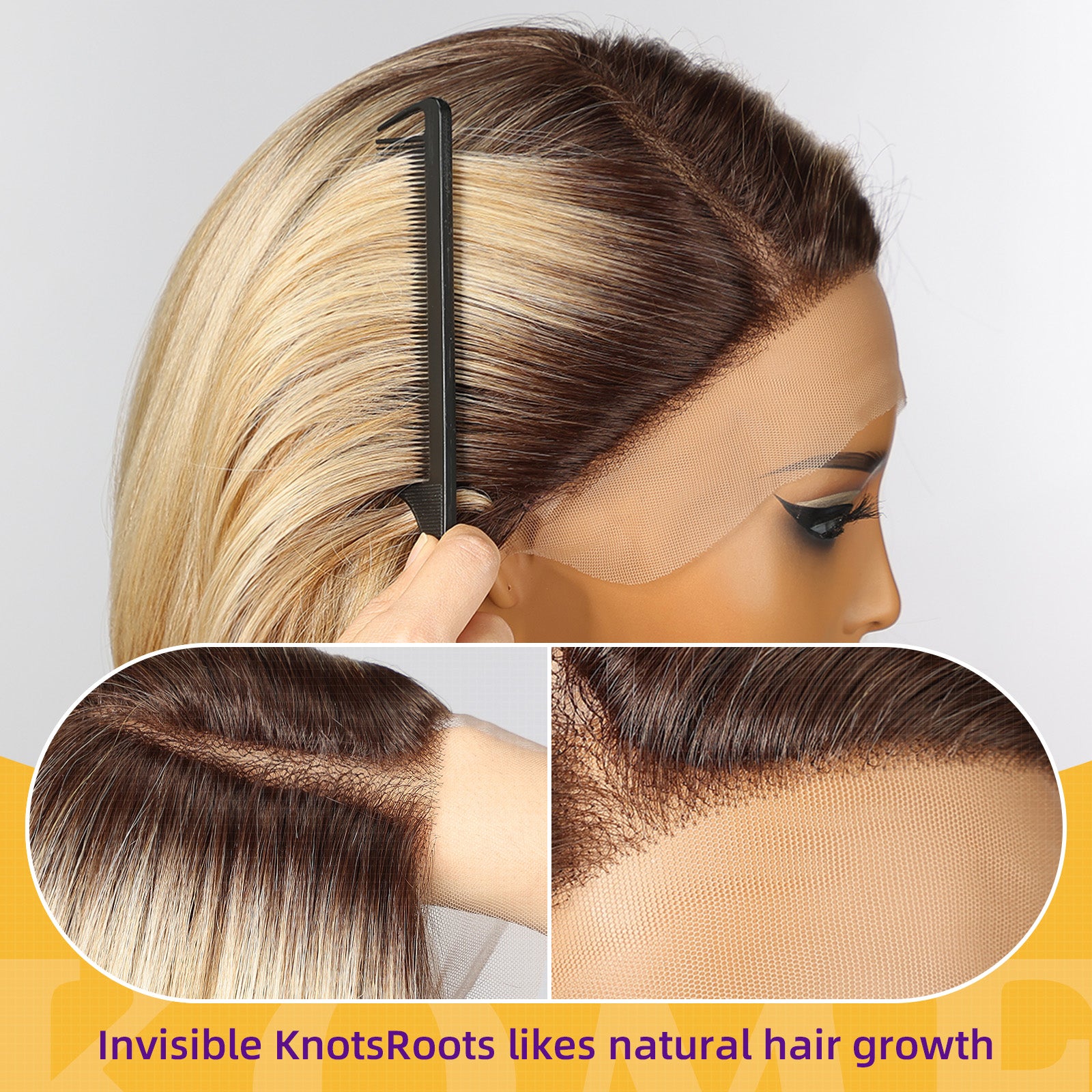 KOME Ombre Blonde Synthetic Lace Front Wig,Straight Bob Wig for White Women,Ash Blonde Short Layered Wigs,Side Part Glueless Lace Wigs for Women Daily Use 10IN (#OM6/FS1212)