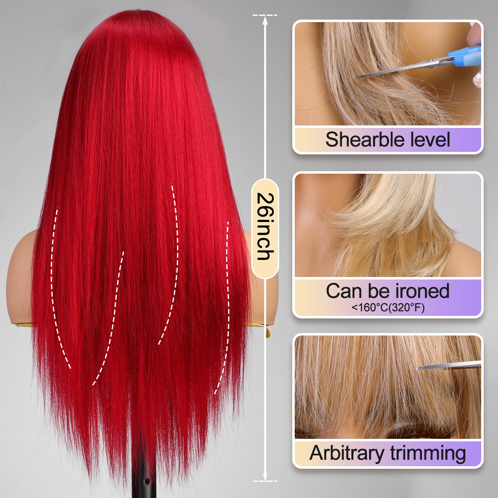 KOME Red Wigs for Women,Yaki Straight Glueless Synthetic Long Silk Natural Wig with Bangs Heat Resistant Fiber 26IN