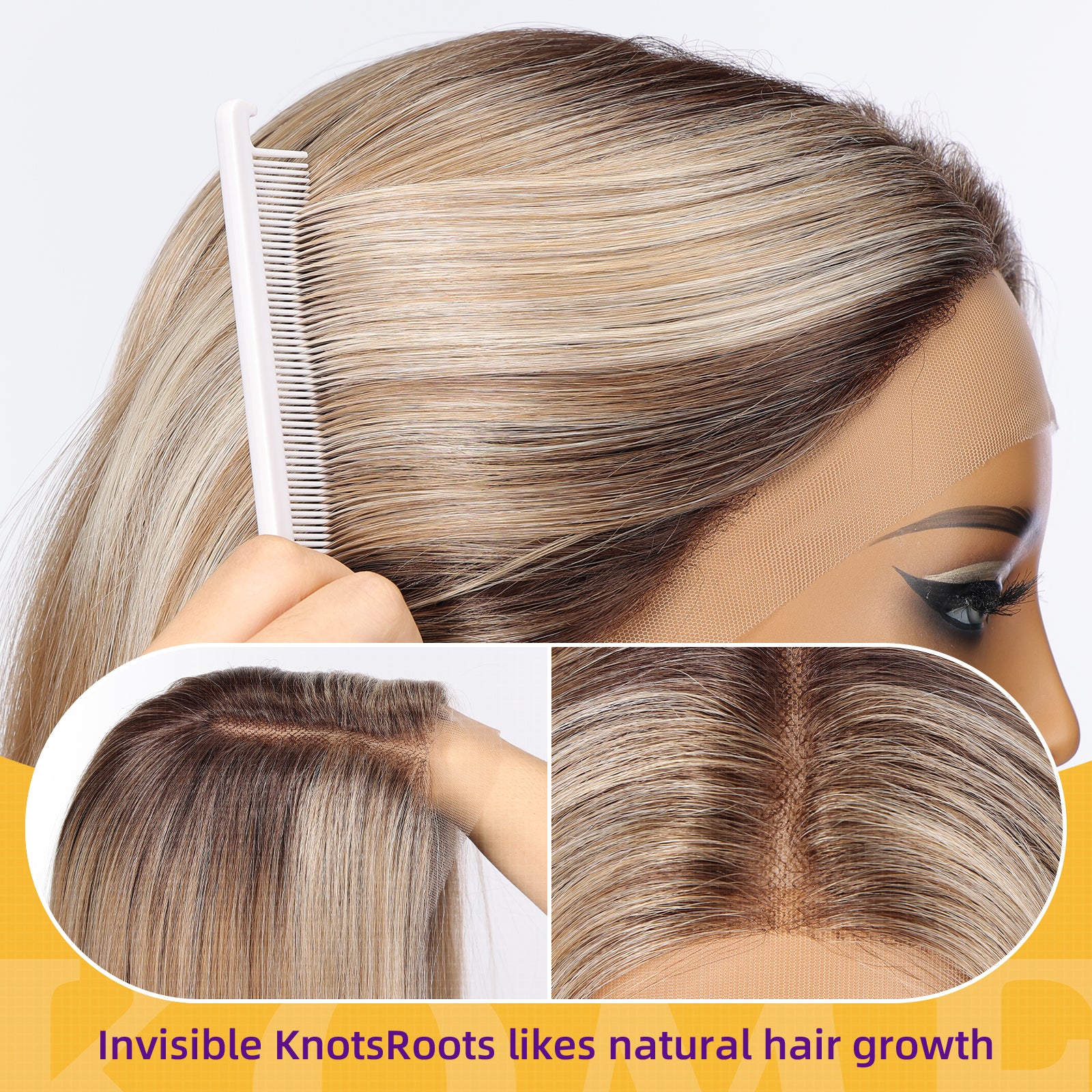 KOME Ash Blonde Synthetic Lace Front Wig,T Part Pre Cut Glueless Long Straight Layered Wigs for Women Cosplay Daily Use 26IN(#TT4/6164)
