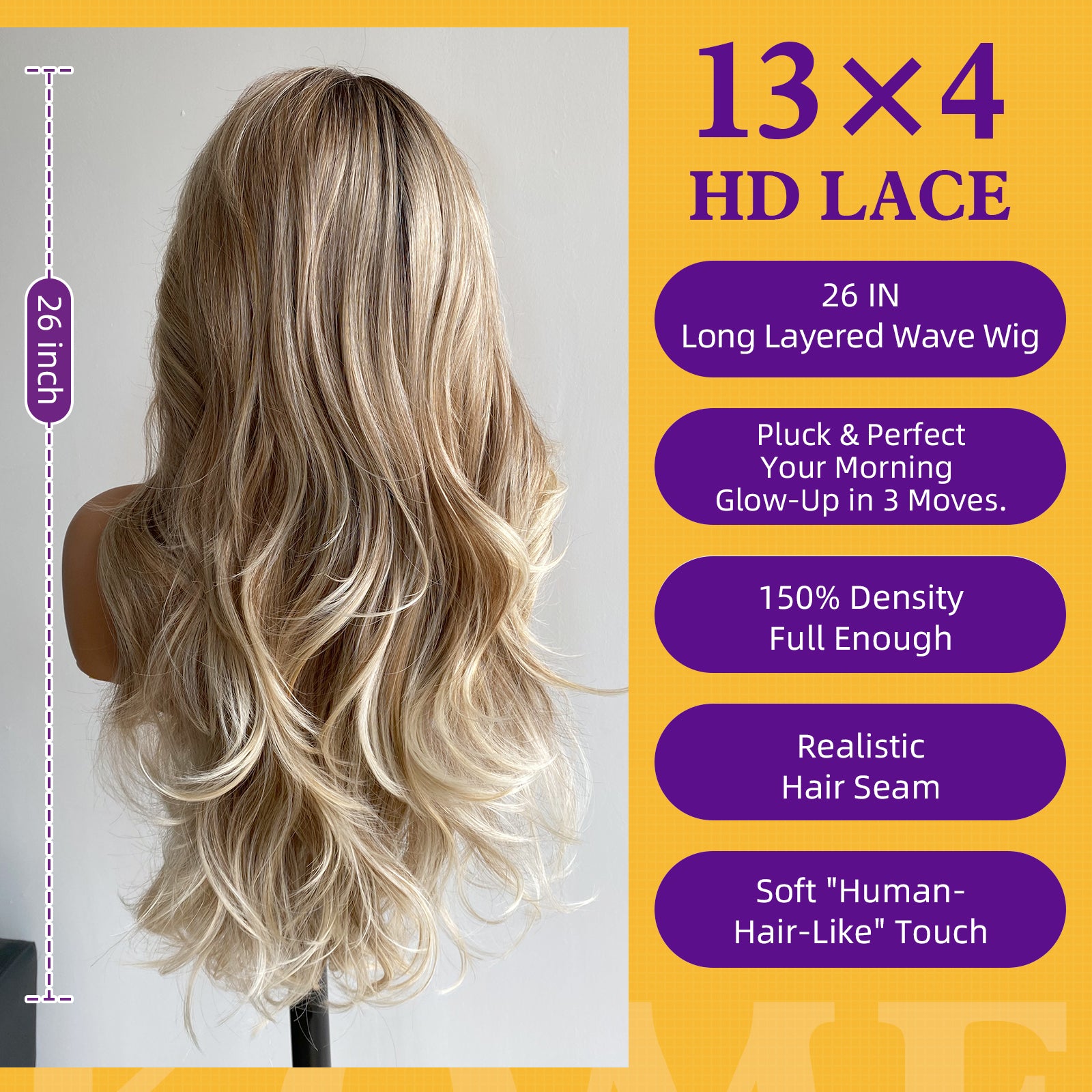 KOME Ash Blonde Highlight Synthetic Lace Front Wig,13x4 HD Lace Glueless Layered Bouncy Blowouts Blonde Wigs for Women Daily Use 26IN（#TT4/T2713A）