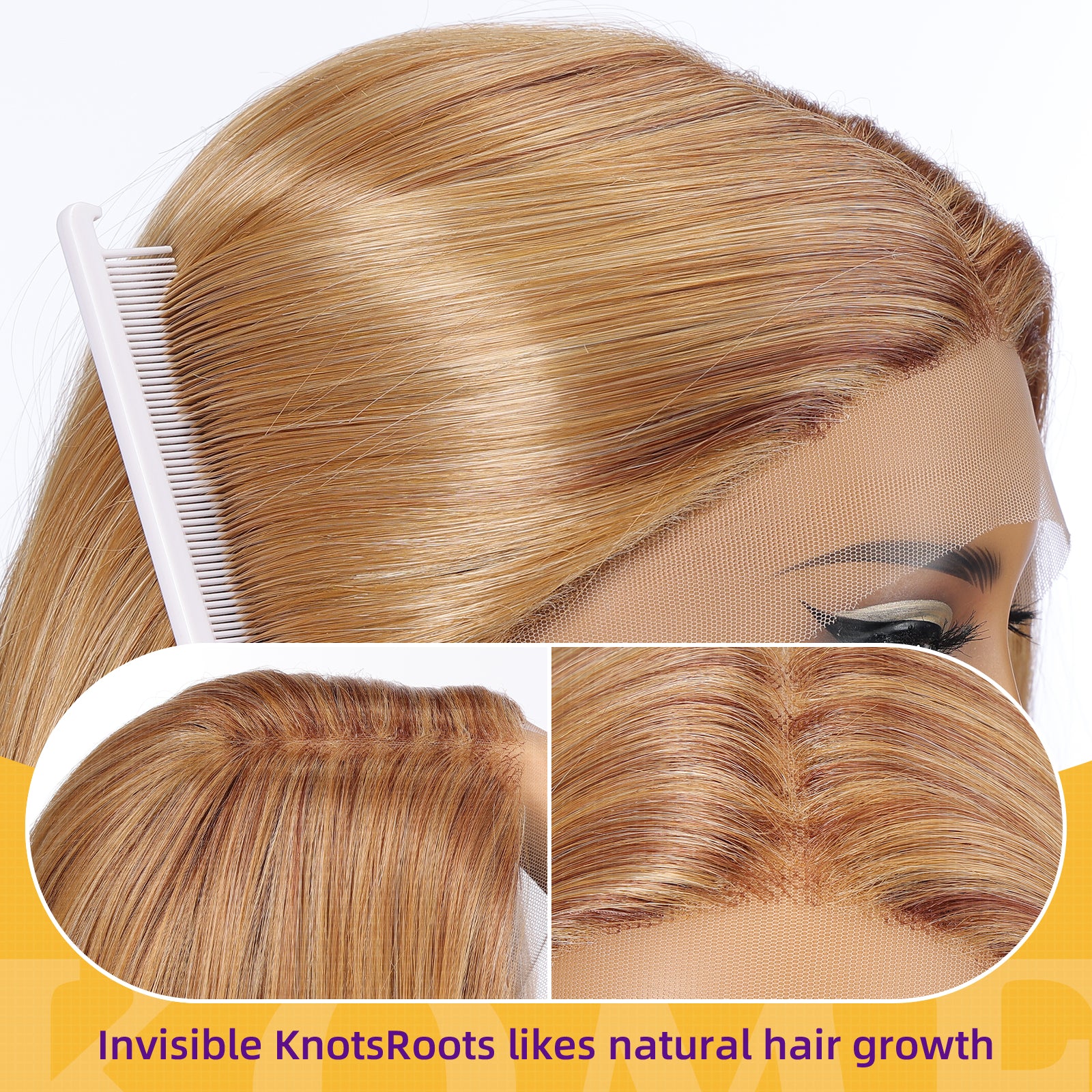 KOME Honey Blonde Synthetic Lace Front Wig,T Part Pre Cut Glueless Long Straight Layered Wigs for Women Cosplay Daily Use 26IN(#TT30/2761)