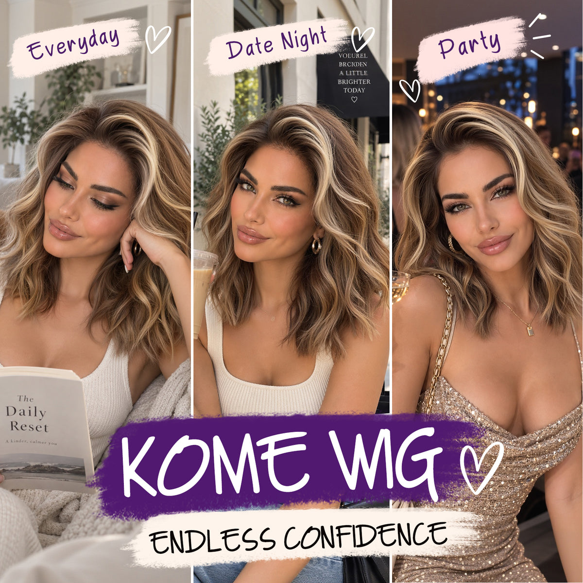 KOME Brown Highlight 13X4 Synthetic Lace Front Wigs for Women 14IN