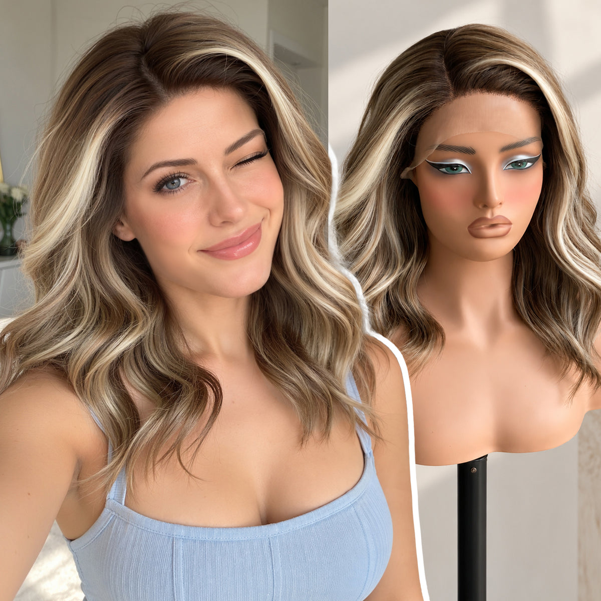 KOME Brown Highlight Synthetic Lace Front Wig,Shoulder Length Short Glueless Bob Wig,T Part Curly Lace Wigs for Women Daily Use 16IN