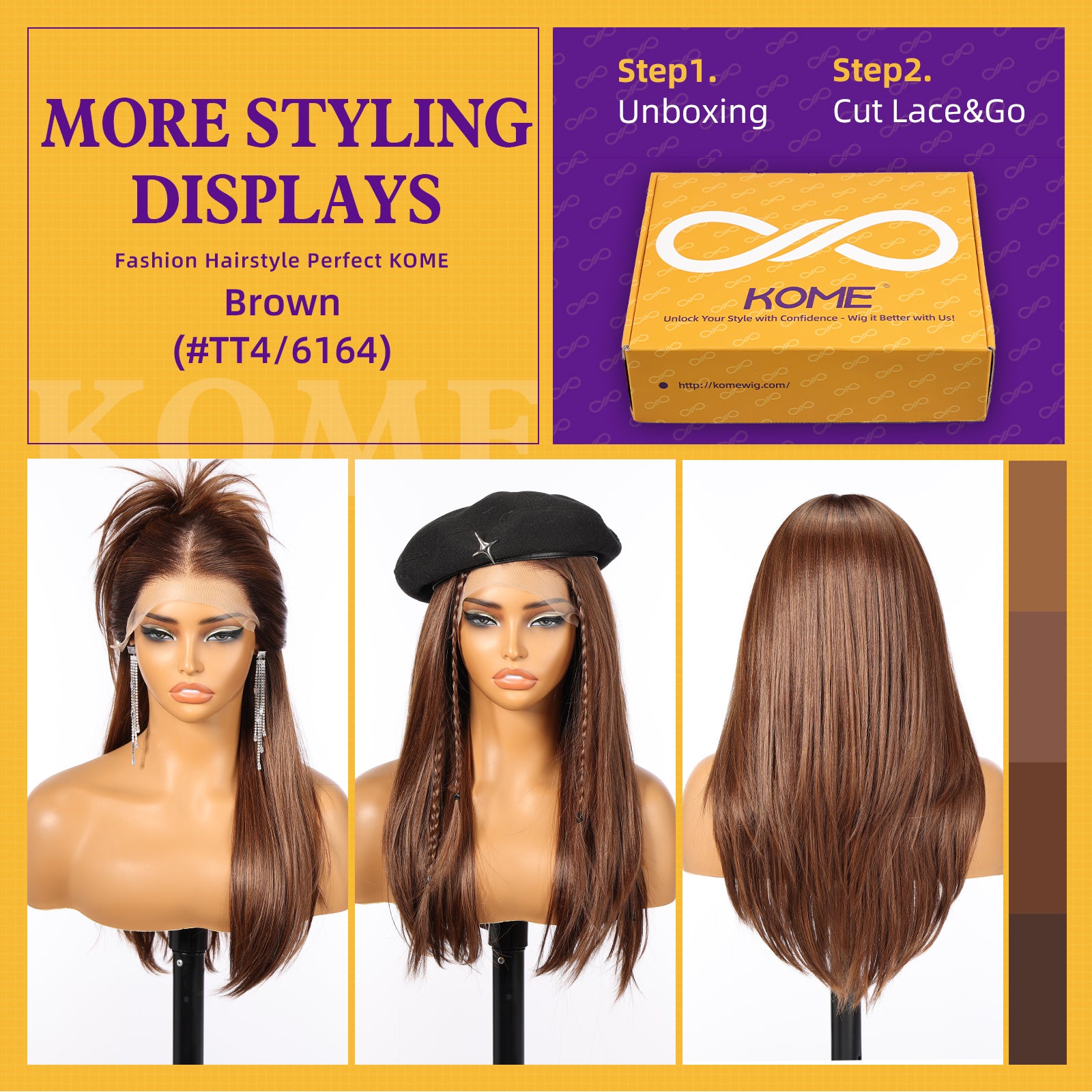 KOME Brown Synthetic Lace Front Wig, 13X6 Long Straight Layered Glueless Wigs for Women Daily Use 22IN(#TT4/6164)