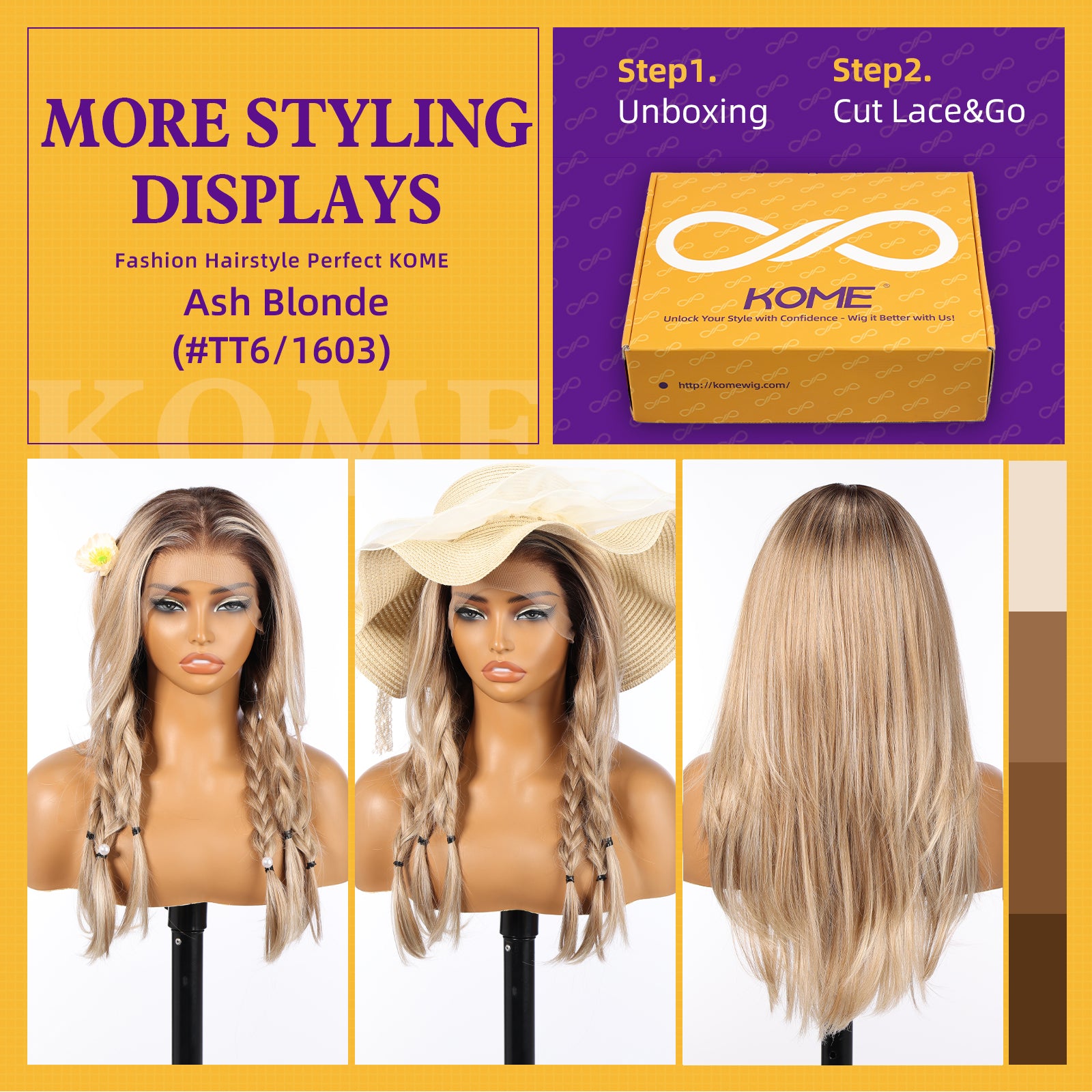 KOME Ash Blonde Synthetic Lace Front Wig, 13X6 Long Straight Layered Glueless Wigs for Women Daily Use 22IN(#TT6/1603)
