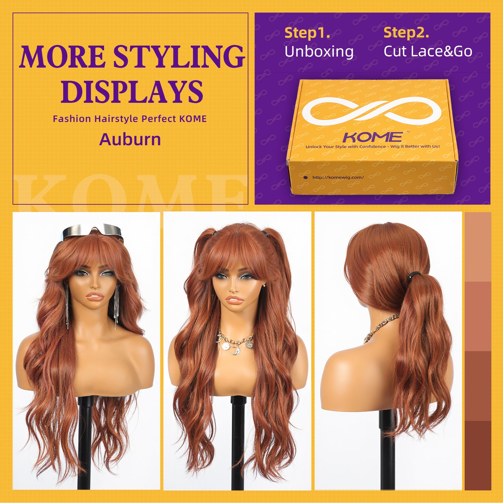 KOME Auburn Synthetic Lace Front Wig,T Part Glueless Layered Wavy Wigs With Bangs, Heat Resistant Wigs For Women Daily Party Use 26IN