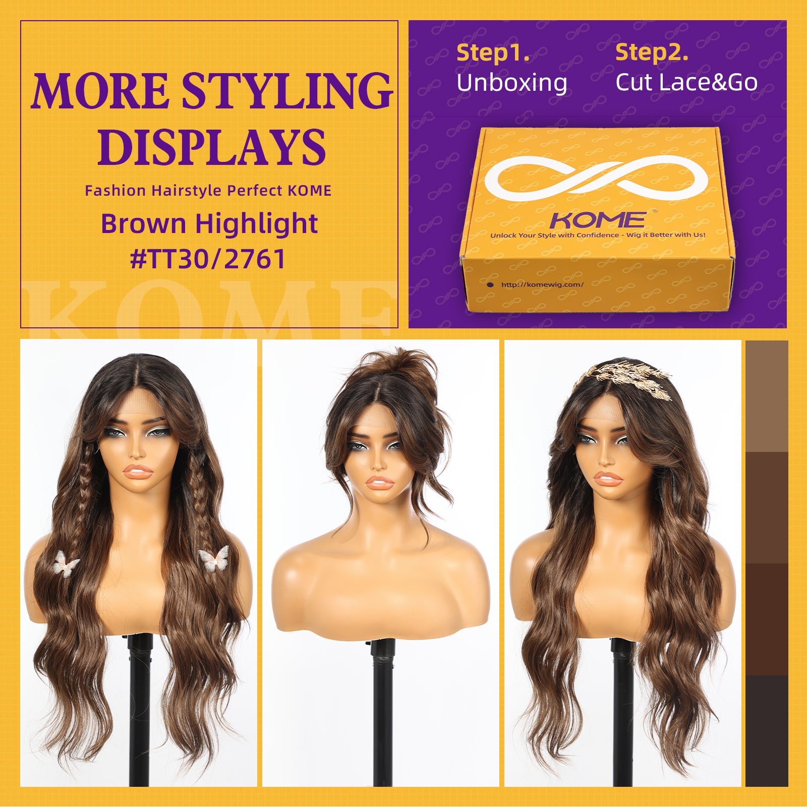 KOME Brown Highlight Synthetic Lace Front Wig,T Part Glueless Long Body Wavy Wigs With Bangs for Women Cosplay Daily Use 28IN(#TT30/2761)