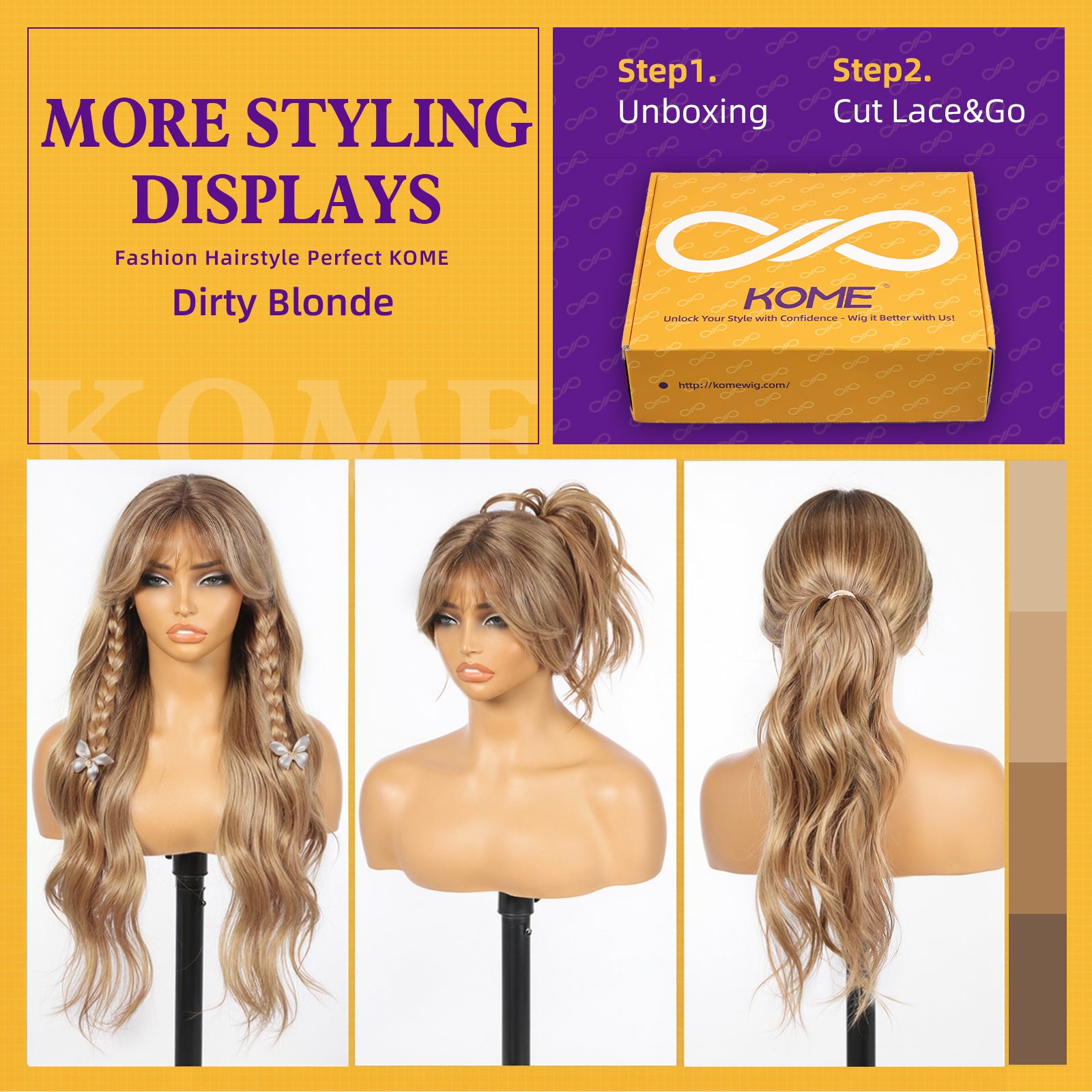KOME Dirty Blonde Synthetic Lace Front Wig,T Part Glueless Layered Wavy Wigs With Bangs, Heat Resistant Wigs For Women Daily Party Use 26IN