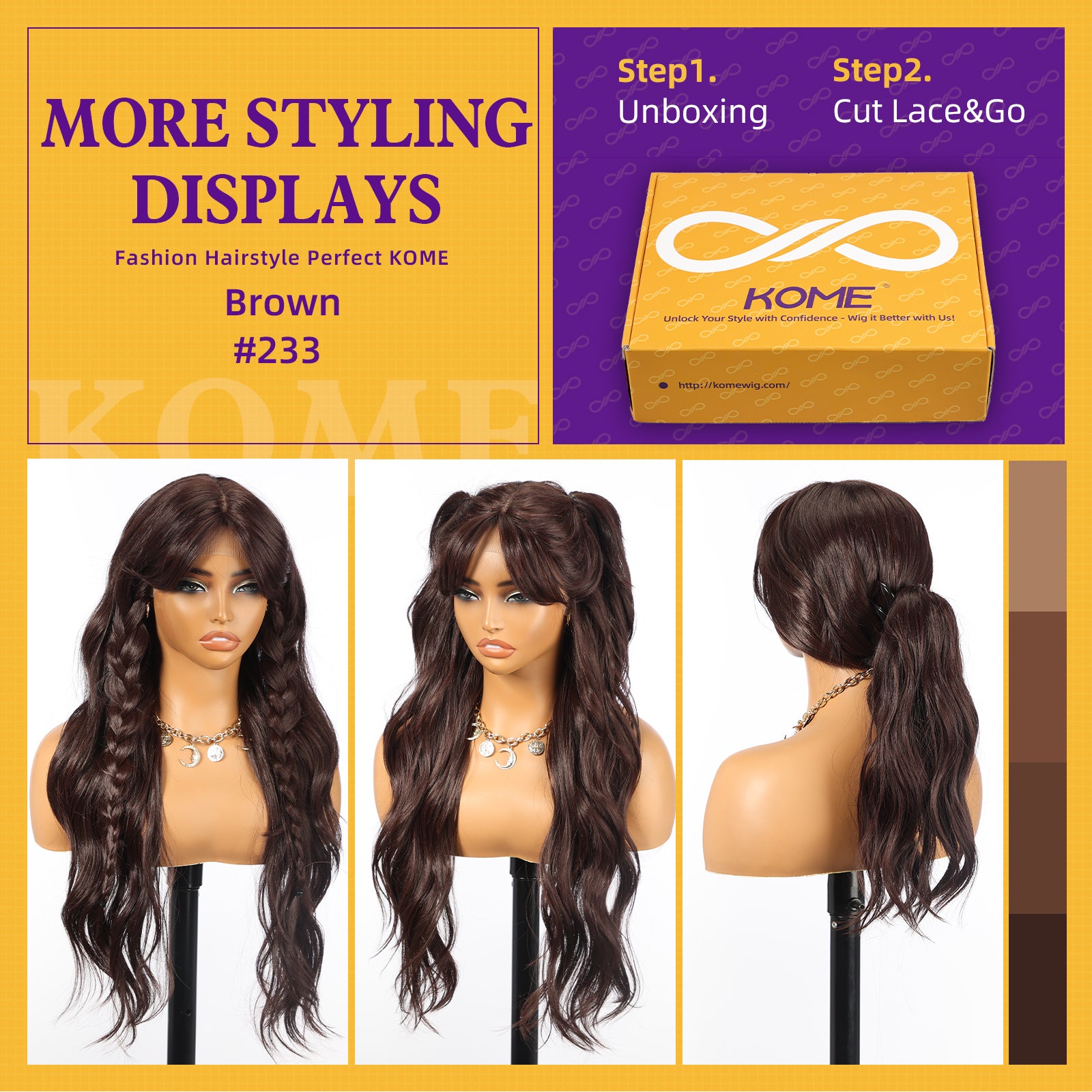 KOME Brown Synthetic Lace Front Wig,T Part Glueless Long Body Wavy Wigs With Bangs for Women Cosplay Daily Use 28IN(#233)