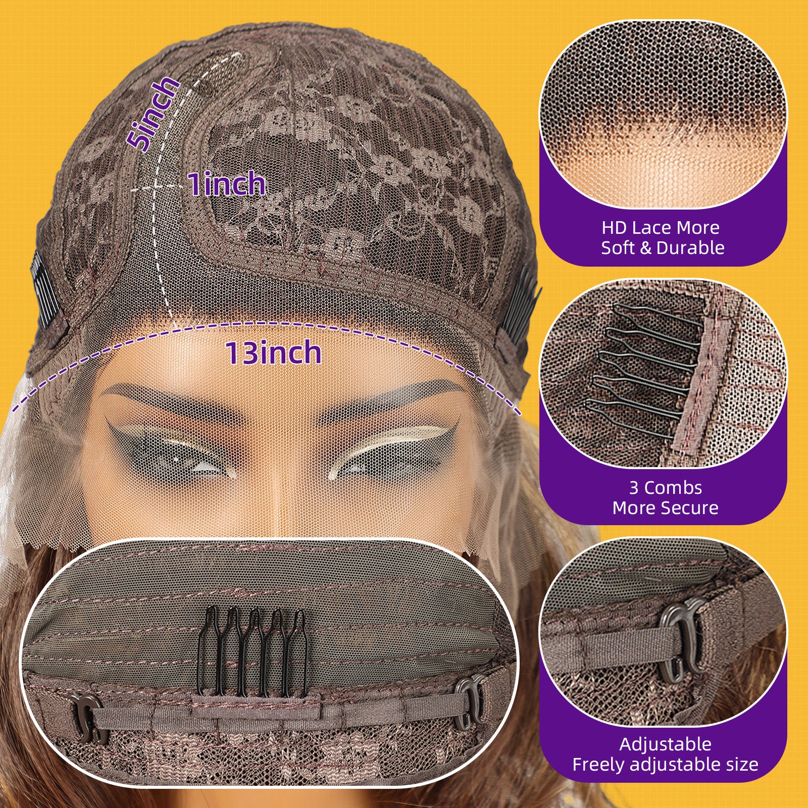 KOME Brown Highlight Synthetic Lace Front Wig,Short Curly Bob Wig,Shoulder Length Wig for Women Daily Use 14IN