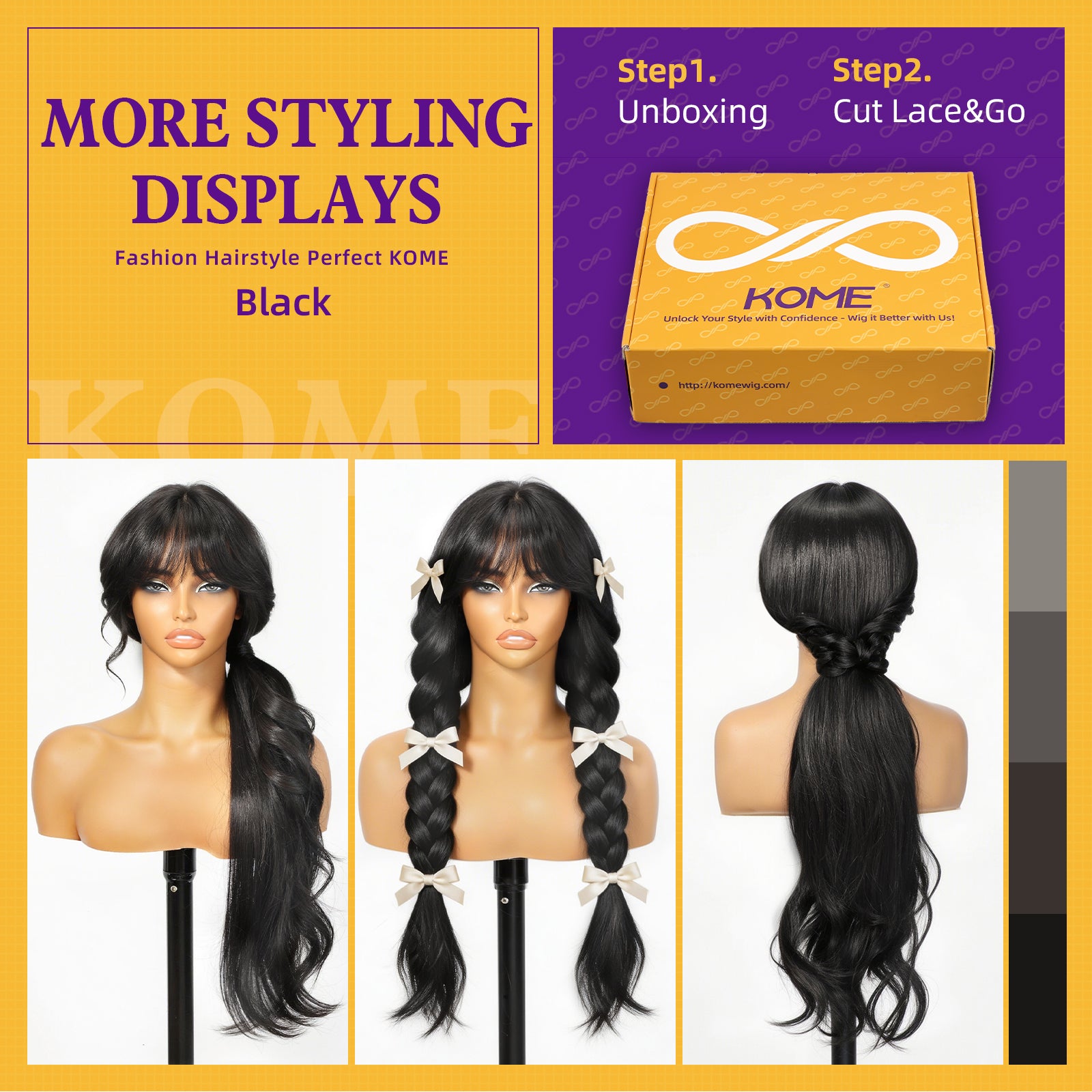KOME Black Synthetic Lace Front Wig, T Part Glueless Layered Wavy Wigs With Bangs, Heat Resistant Wigs For Women Daily Party Use 26IN
