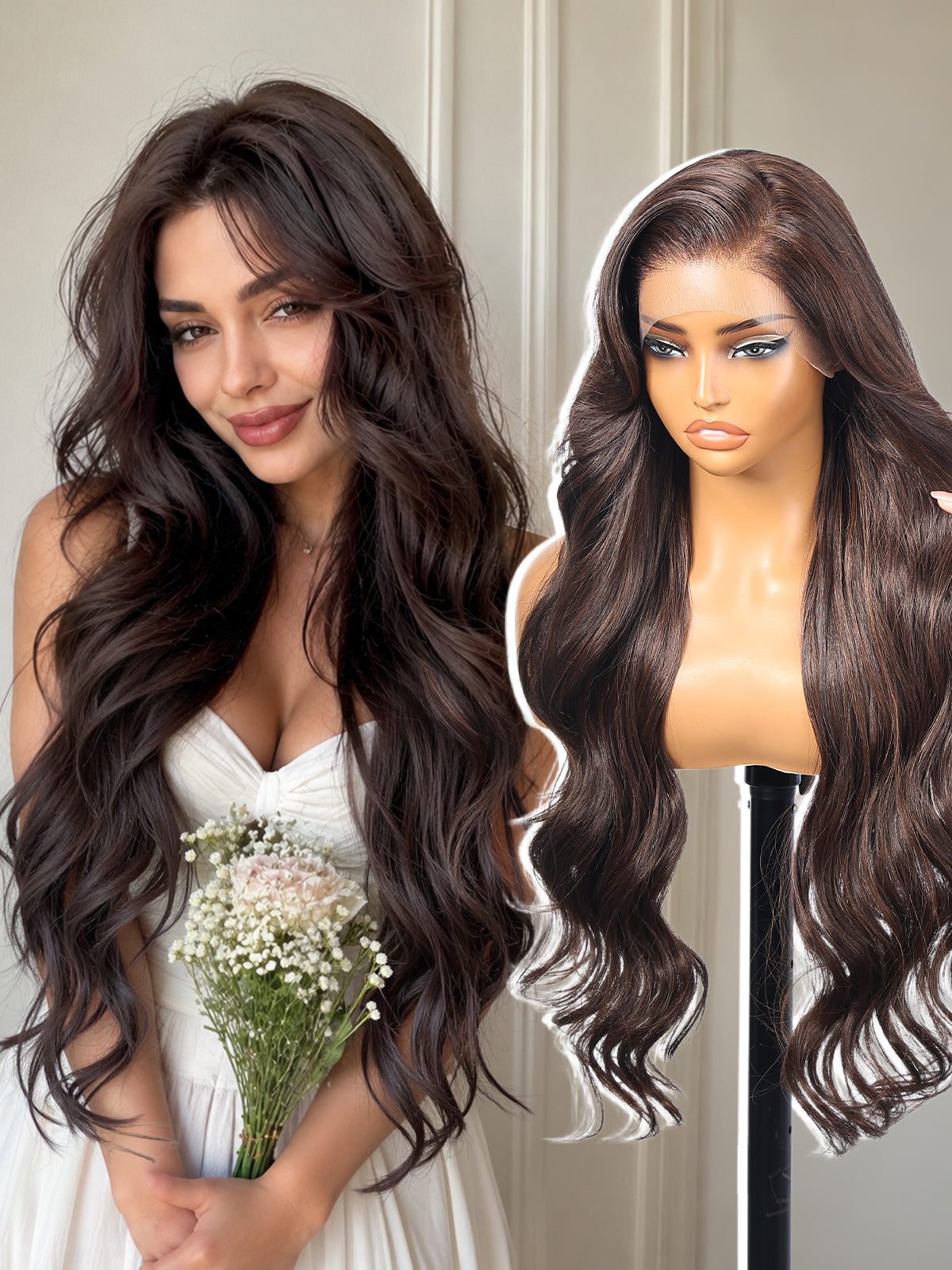 KOME Dark Brown Synthetic Lace Front Wig,13x4 HD Lace Glueless Long Body Wavy Curly Wigs for Women Daily Party Use 30IN(#TT33/130B)