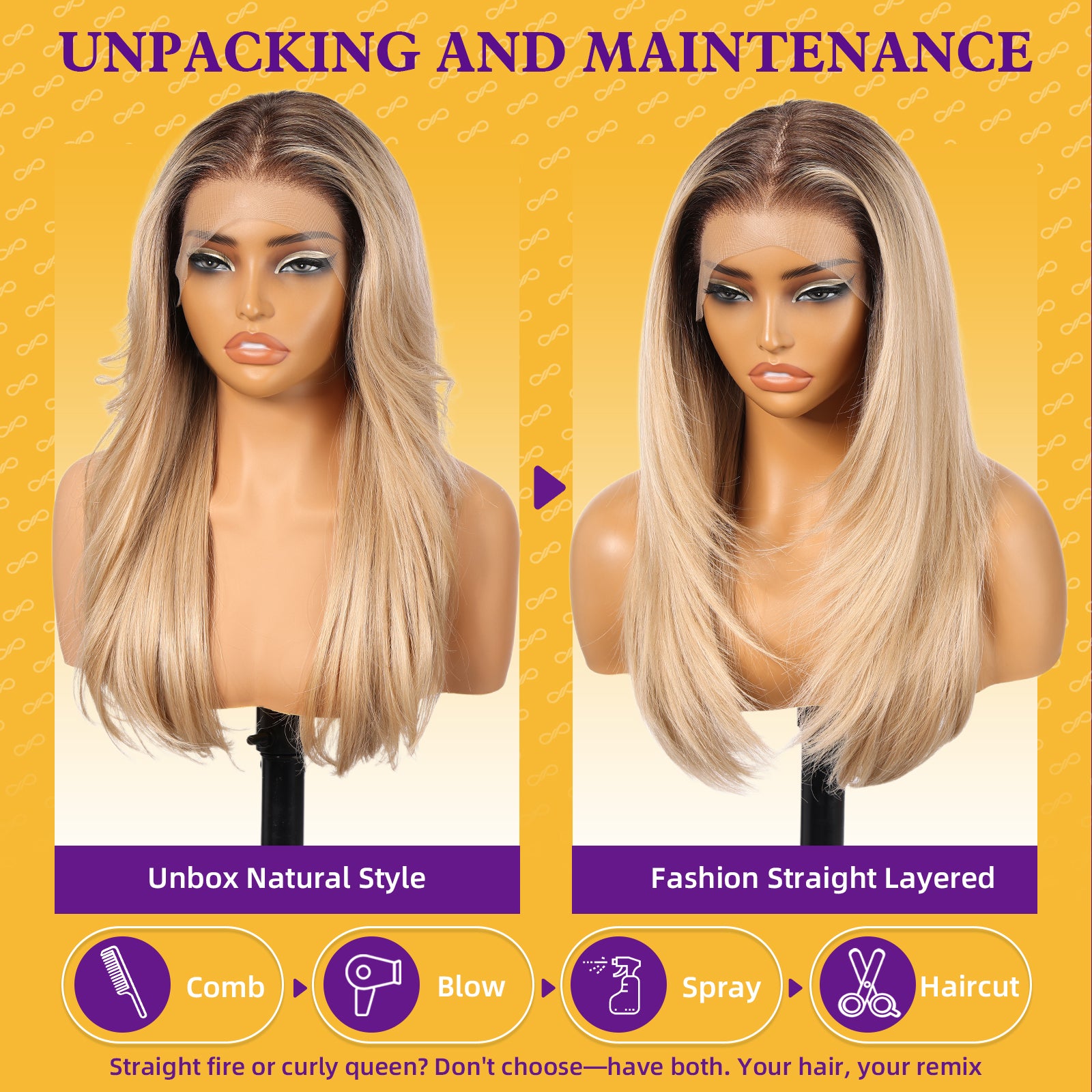 KOME Ombre Blonde Synthetic Lace Front Wig, 13X6 Long Straight Layered Glueless Wigs for Women Daily Use 22IN(#6/1062)