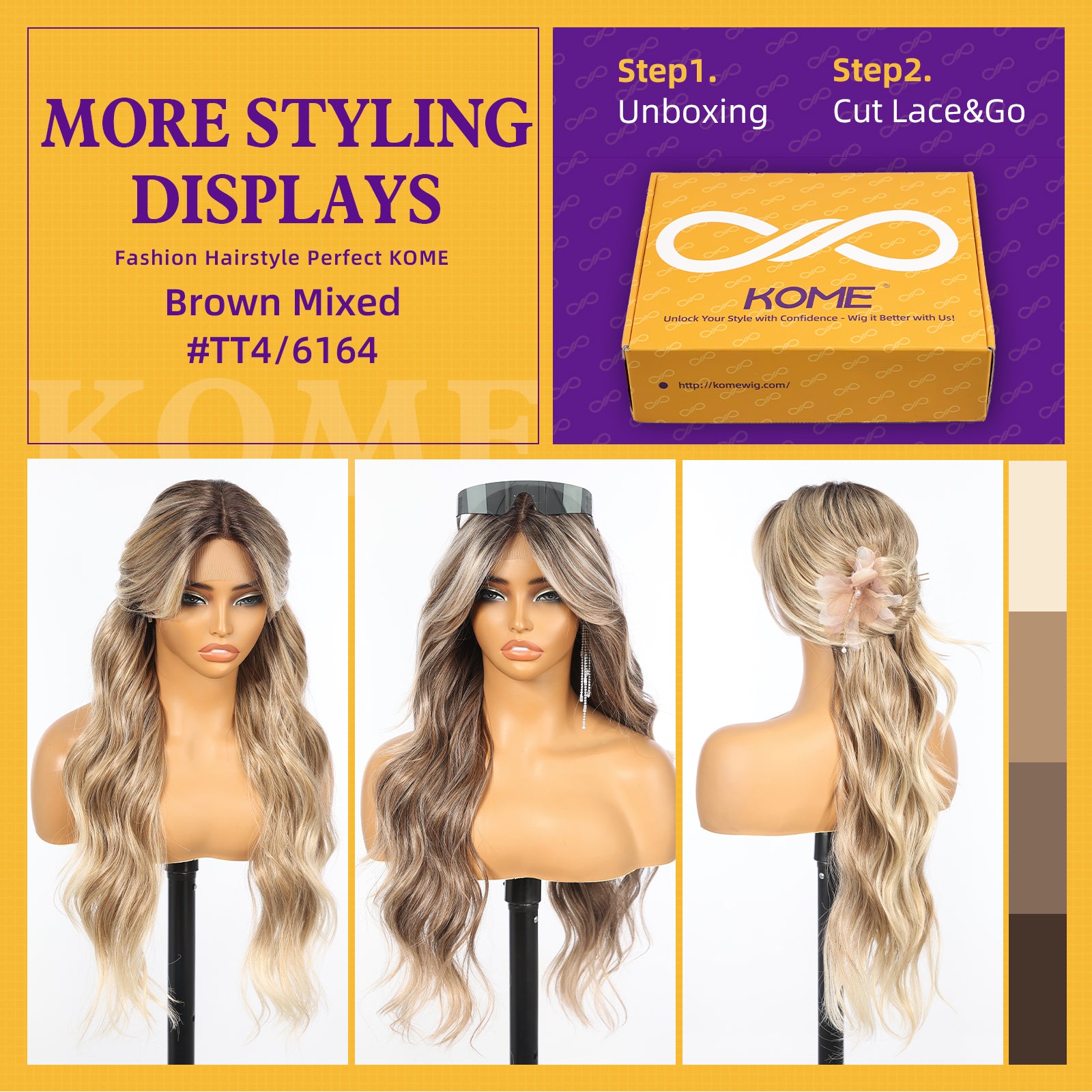KOME Brown Mixed Synthetic Lace Front Wig,T Part Glueless Long Body Wavy Wigs With Bangs for Women Cosplay Daily Use 28IN(#TT4/6164)