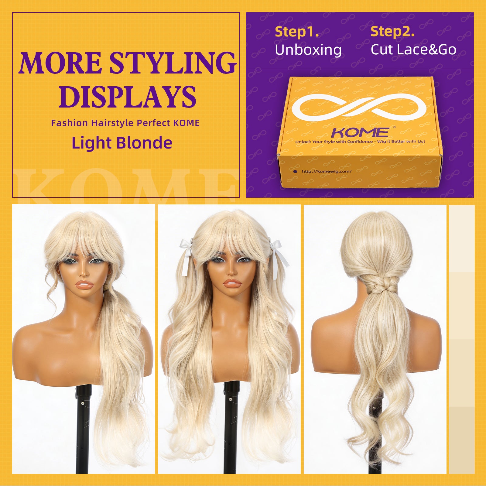 KOME Light Blonde Synthetic Lace Front Wig, T Part Glueless Layered Wavy Wigs With Bangs, Heat Resistant Wigs For Women Daily Party Use 26IN