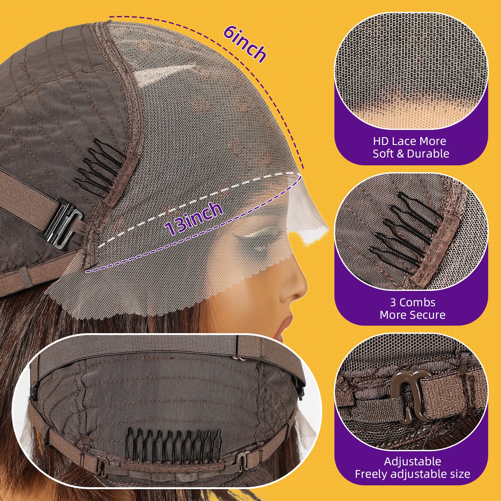 KOME Brown Highlight Synthetic Lace Front Wig,13×6 Short Straight Glueless Bob Wig for White Women Daily Use 10IN