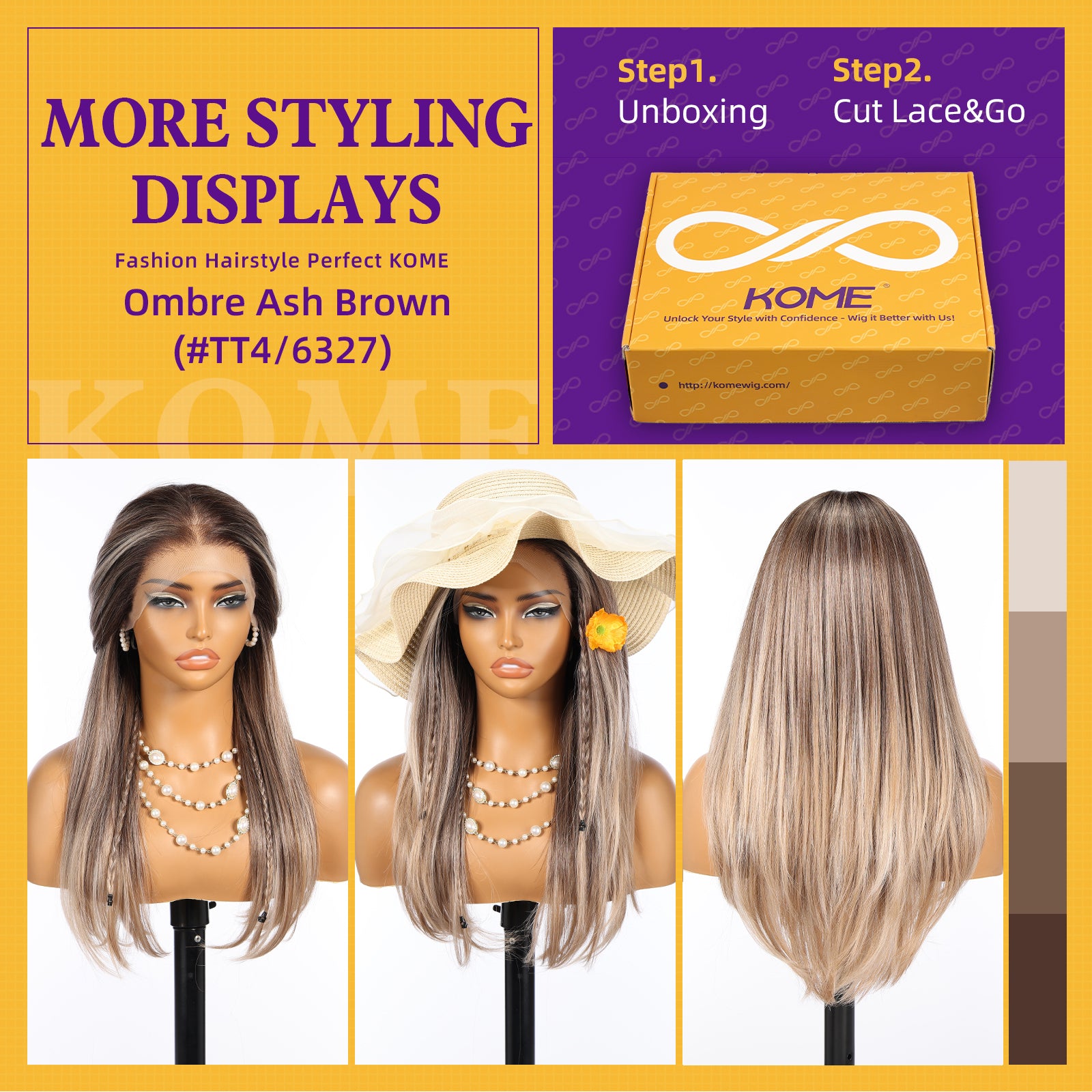 KOME Ombre Ash Brown Synthetic Lace Front Wig, 13X6 Long Straight Layered Glueless Wigs for Women Daily Use 22IN(#TT4/6327)