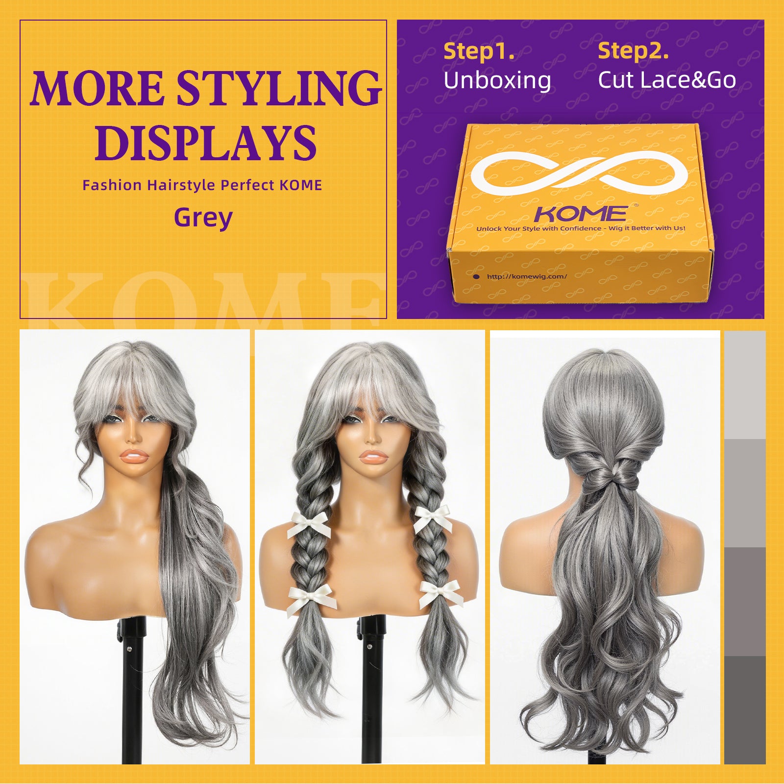 KOME Grey Synthetic Lace Front Wig, T Part Glueless Layered Wavy Wigs With Bangs, Heat Resistant Wigs For Women Daily Party Use 26IN