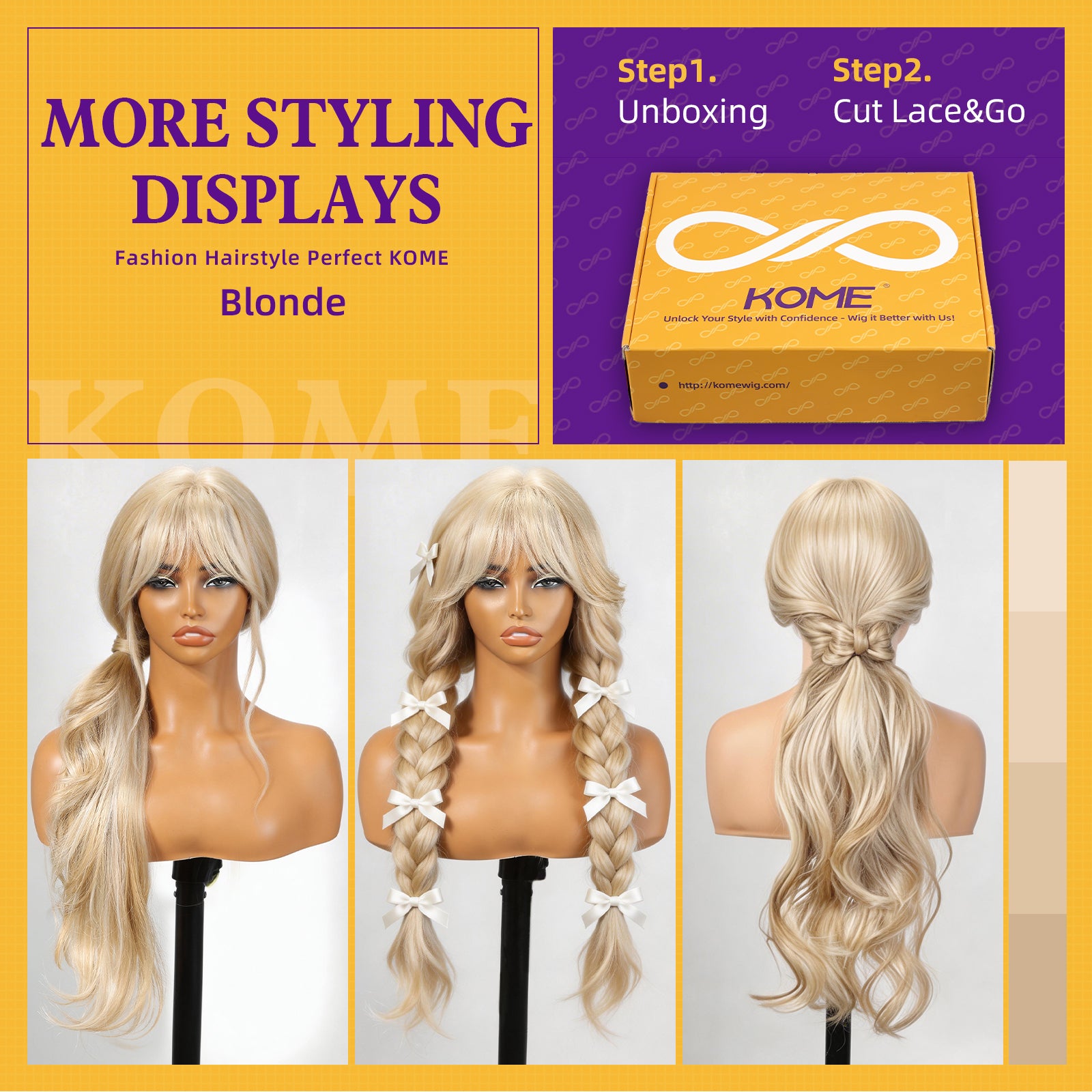 KOME Blonde Synthetic Lace Front Wig, T Part Glueless Layered Wavy Wigs With Bangs, Heat Resistant Wigs For Women Daily Party Use 26IN