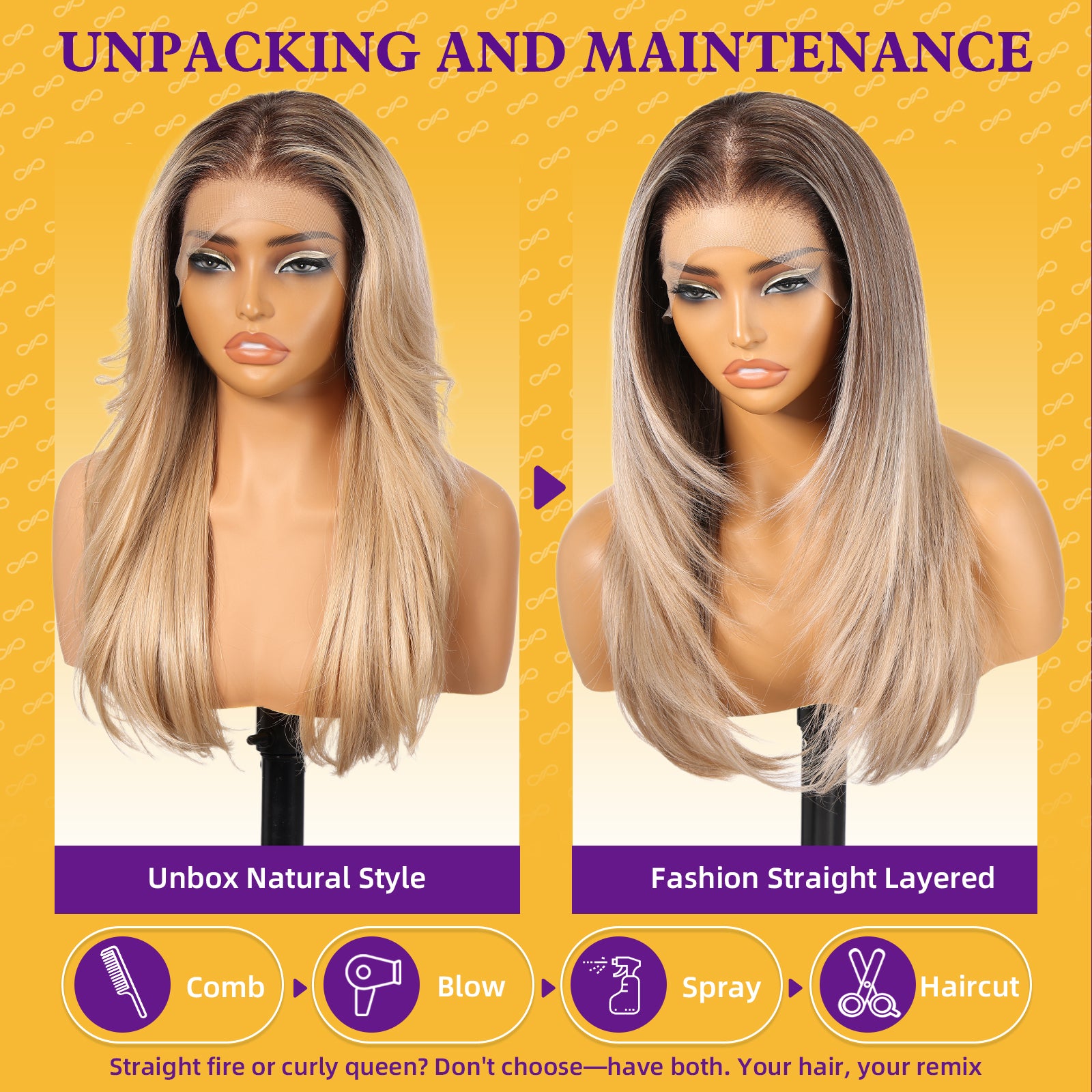 KOME Ombre Ash Brown Synthetic Lace Front Wig, 13X6 Long Straight Layered Glueless Wigs for Women Daily Use 22IN(#TT4/6327)