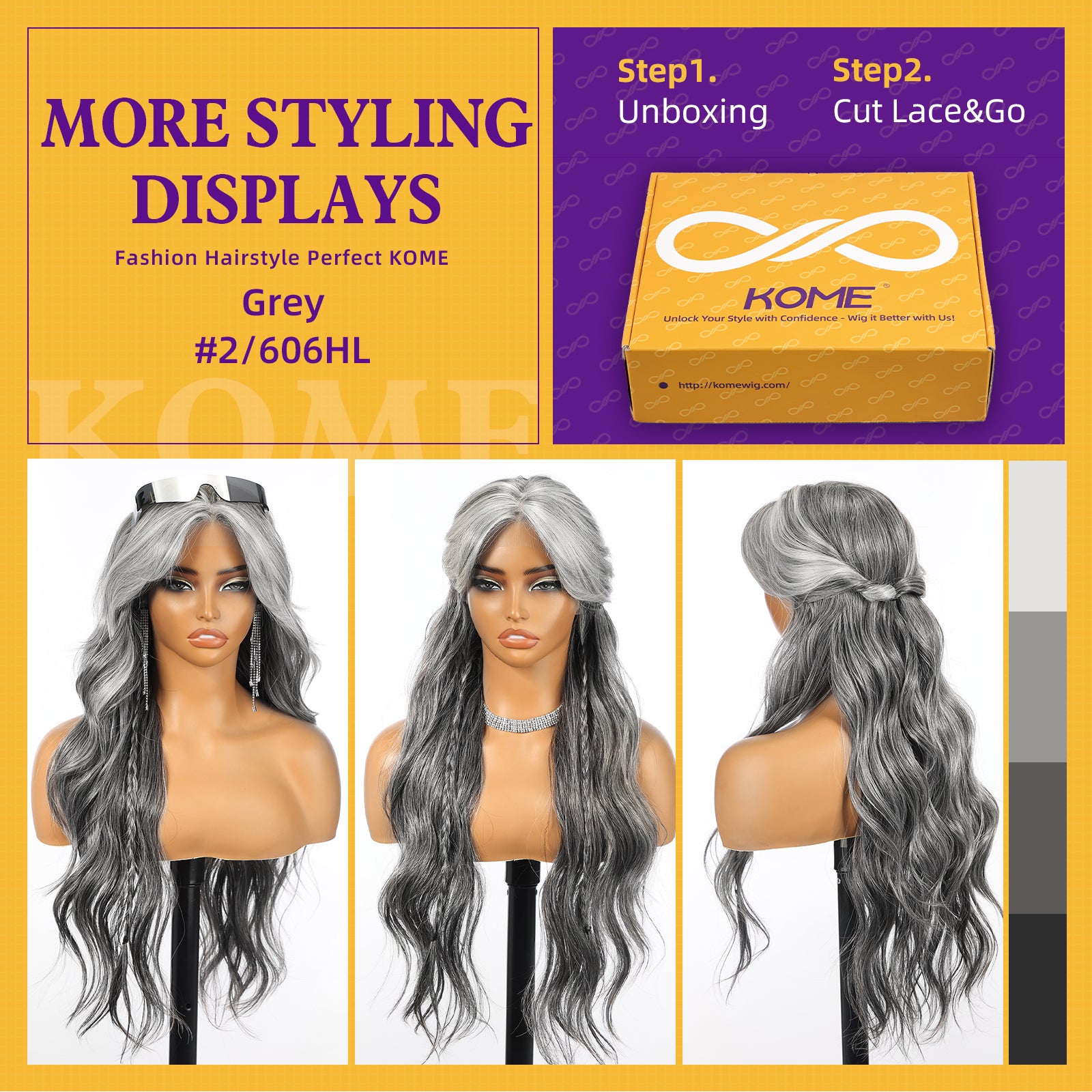 KOME Grey Synthetic Lace Front Wig,T Part Glueless Long Body Wavy Wigs With Bangs for Women Cosplay Daily Use 28IN(#2/606HL)