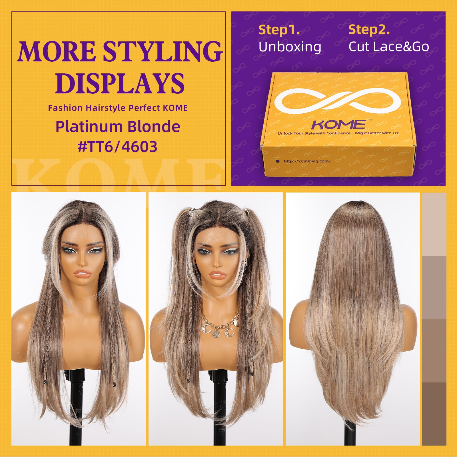 KOME Ash Blonde Synthetic Lace Front Wig,T Part Pre Cut Glueless Long Straight Layered Wigs for Women Cosplay Daily Use 26IN(#TT4/6164)