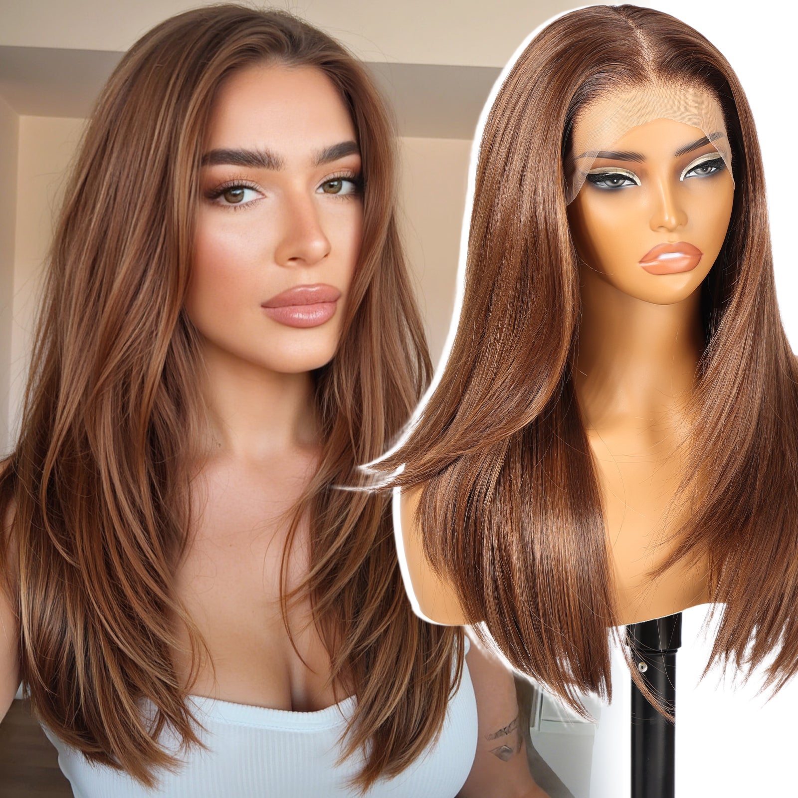 KOME Brown Synthetic Lace Front Wig, 13X6 Long Straight Layered Glueless Wigs for Women Daily Use 22IN(#TT4/6164)