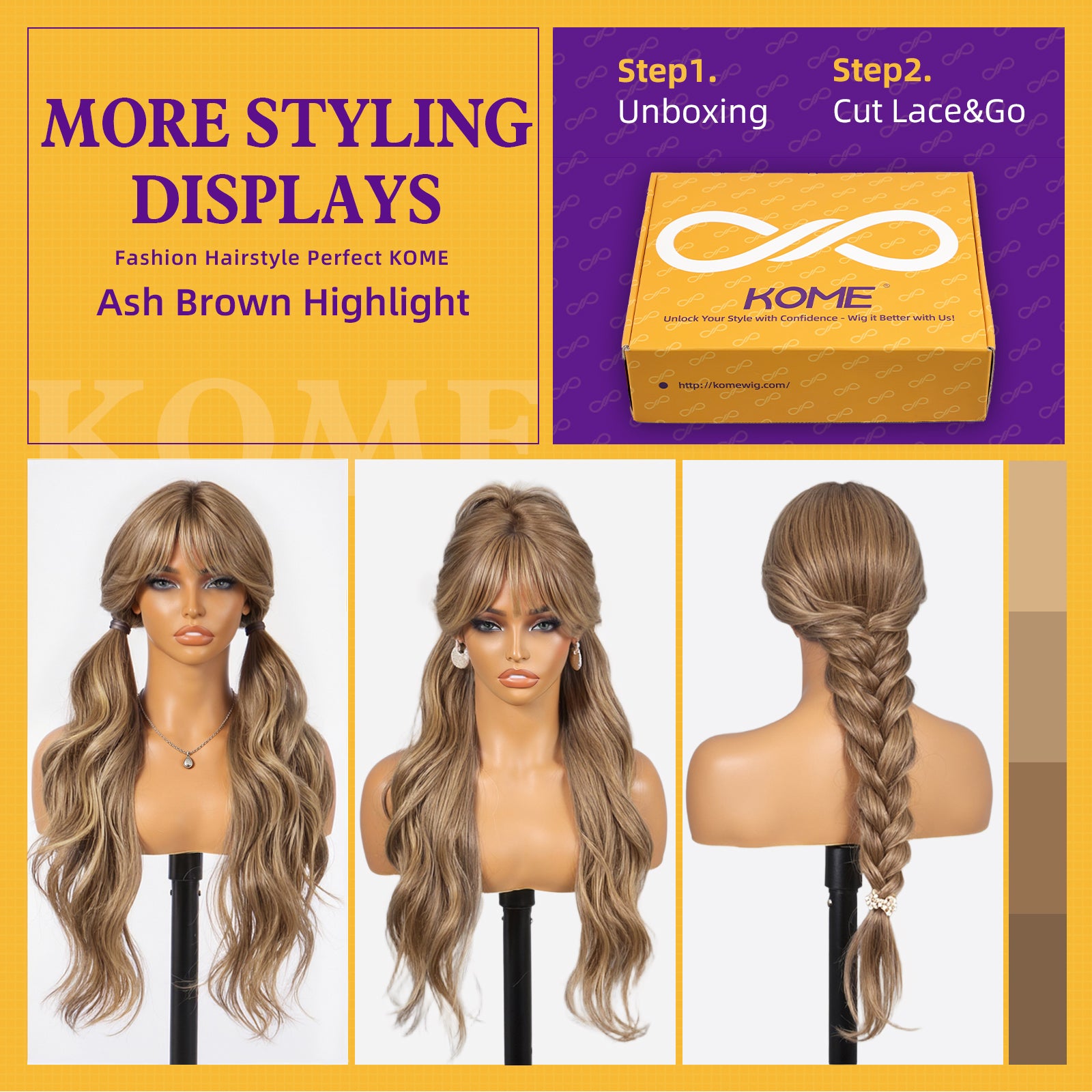 KOME Ash Brown Highlight Synthetic Lace Front Wig,T Part Glueless Layered Wavy Wigs With Bangs, Heat Resistant Wigs For Women Daily Party Use 26IN