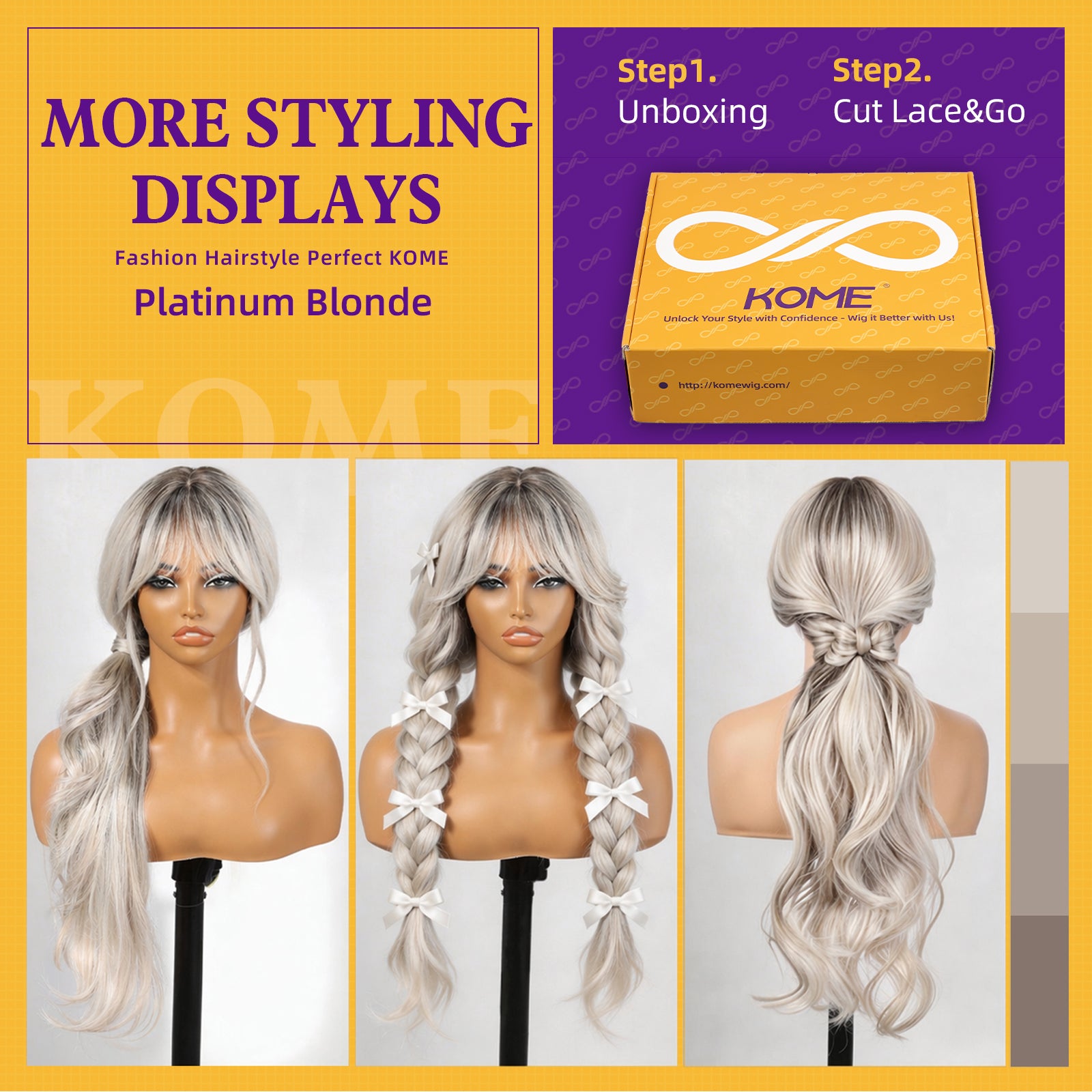 KOME Platinum Blonde Synthetic Lace Front Wig,T Part Glueless Layered Wavy Wigs With Bangs, Heat Resistant Wigs For Women Daily Party Use 26IN