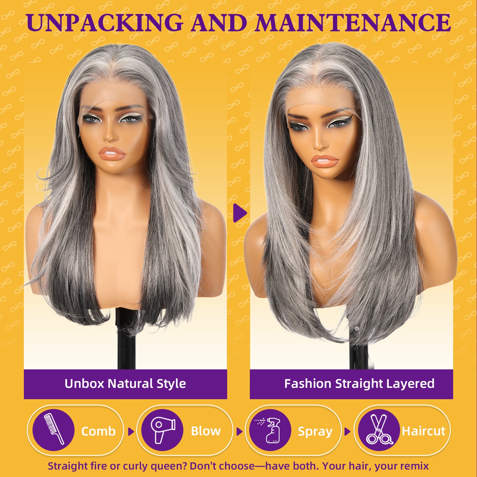 KOME Grey Mixed Synthetic Lace Front Wig, 13X6 Long Straight Layered Glueless Wigs for Women Daily Use 22IN(#2/606HL)