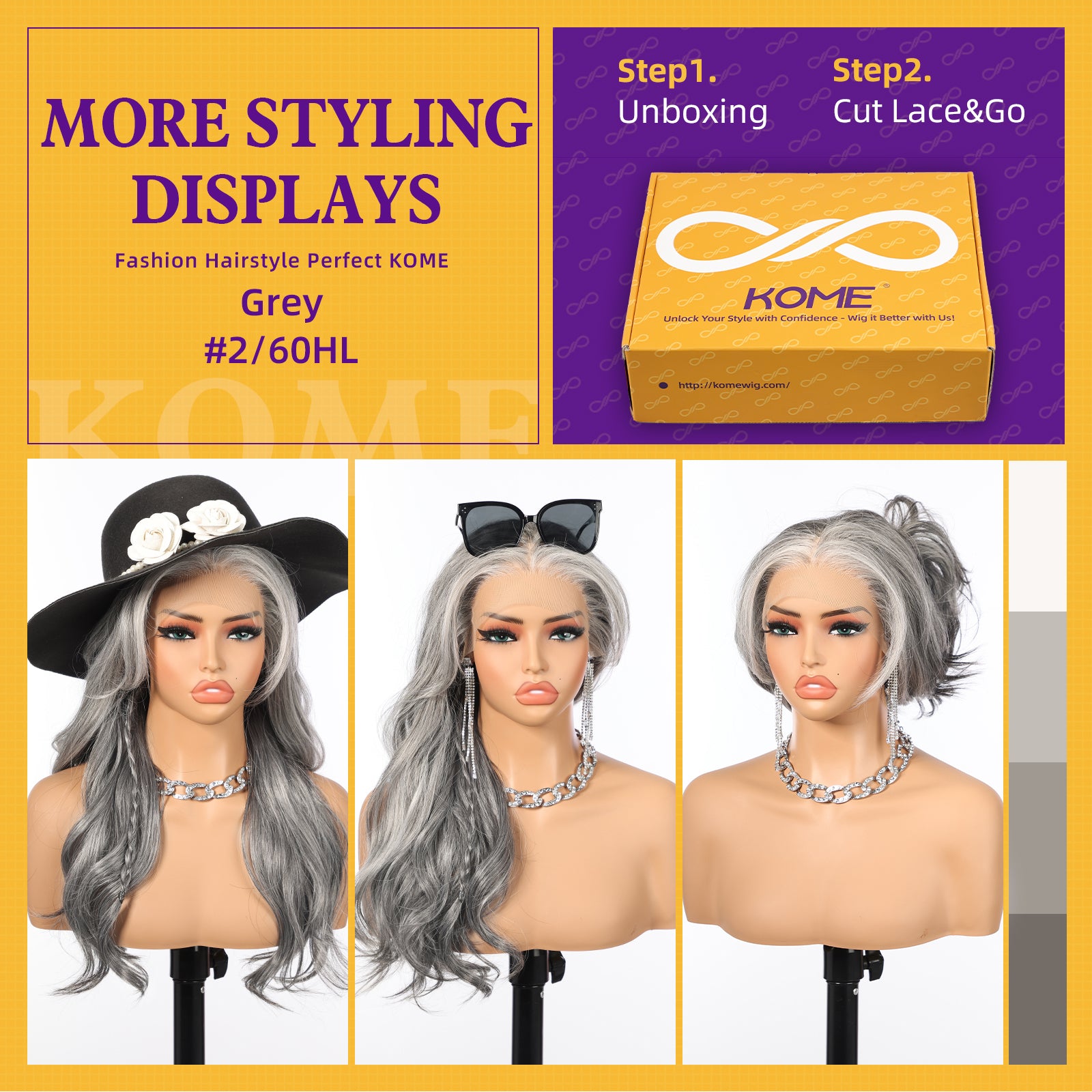 KOME Grey Synthetic Lace Front Wig,13×6 Curly Glueless Wigs for Women Daily Use 22IN（#2/60HL）