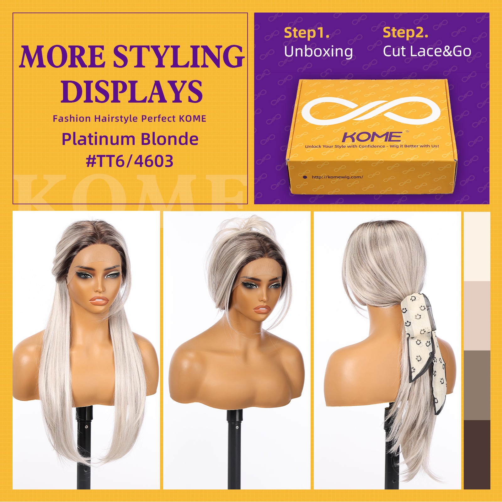 KOME Platinum Blonde Synthetic Lace Front Wig,T Part Pre Cut Glueless Long Straight Layered Wigs for Women Cosplay Daily Use 26IN(#TT6/4603)