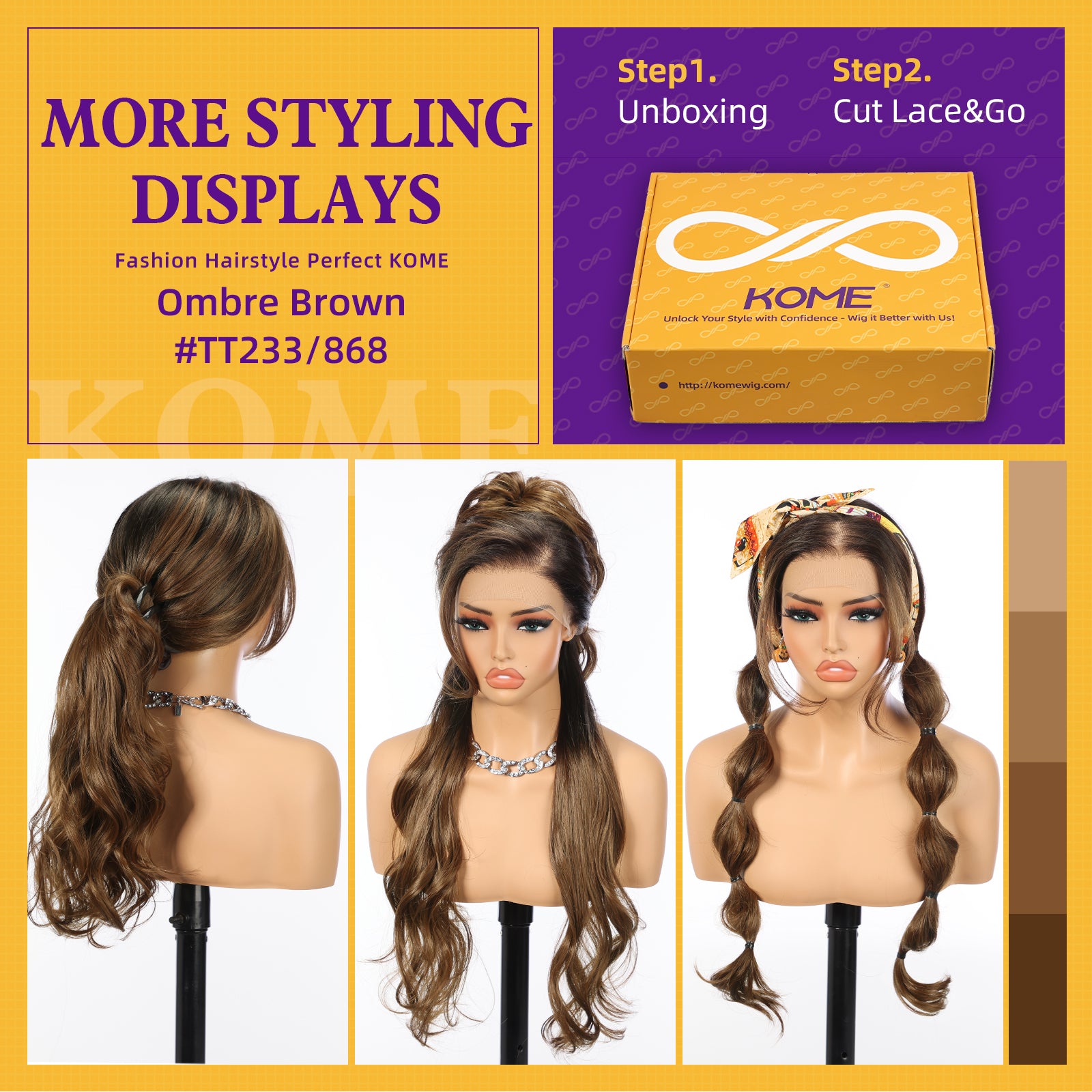 KOME Ombre Brown Synthetic Lace Front Wig,13×6 Curly Glueless Wigs for Women Daily Use 26IN（#TT233/868）