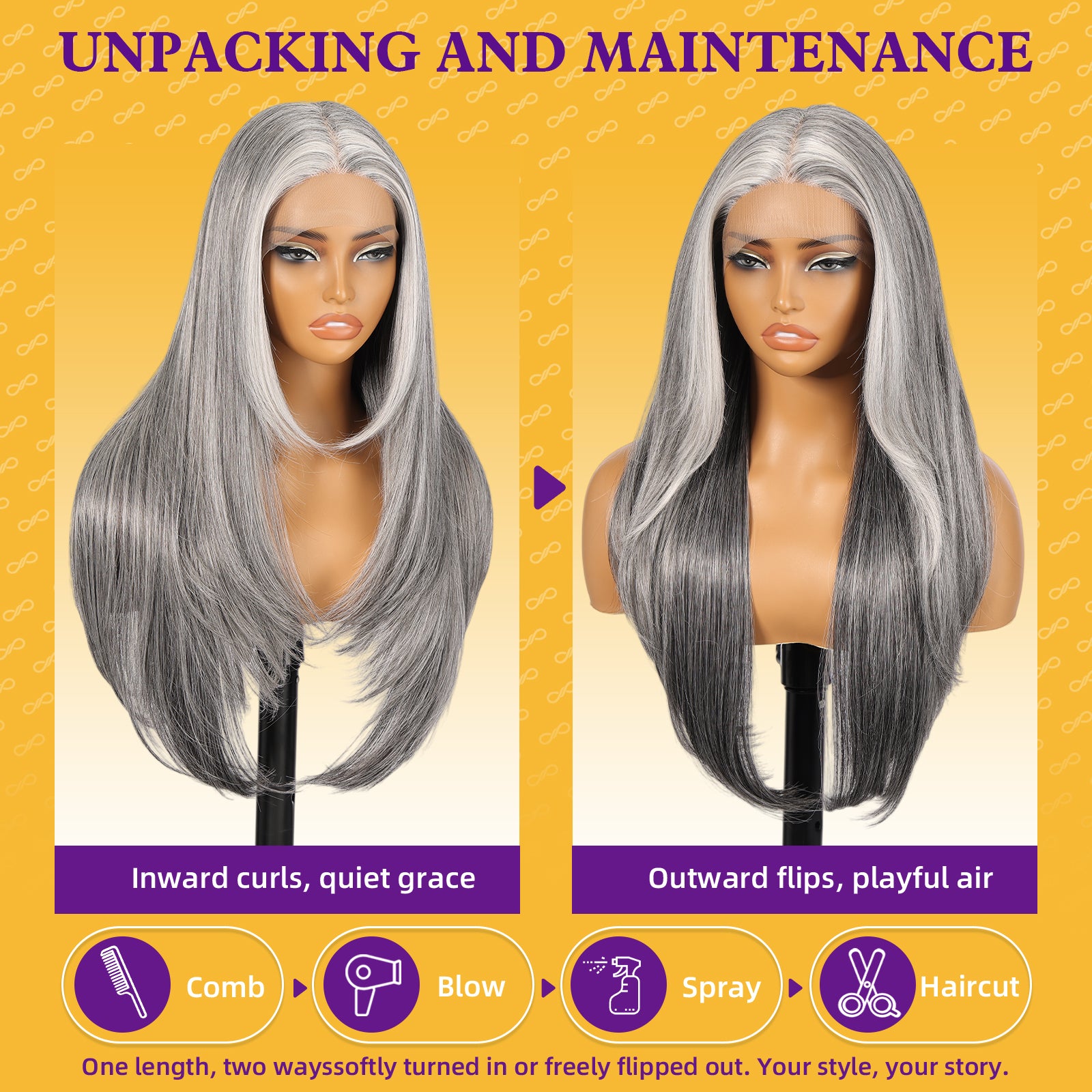 KOME Grey Synthetic Lace Front Wig,T Part Pre Cut Glueless Long Straight Layered Wigs for Women Cosplay Daily Use 26IN(#2/606HL)