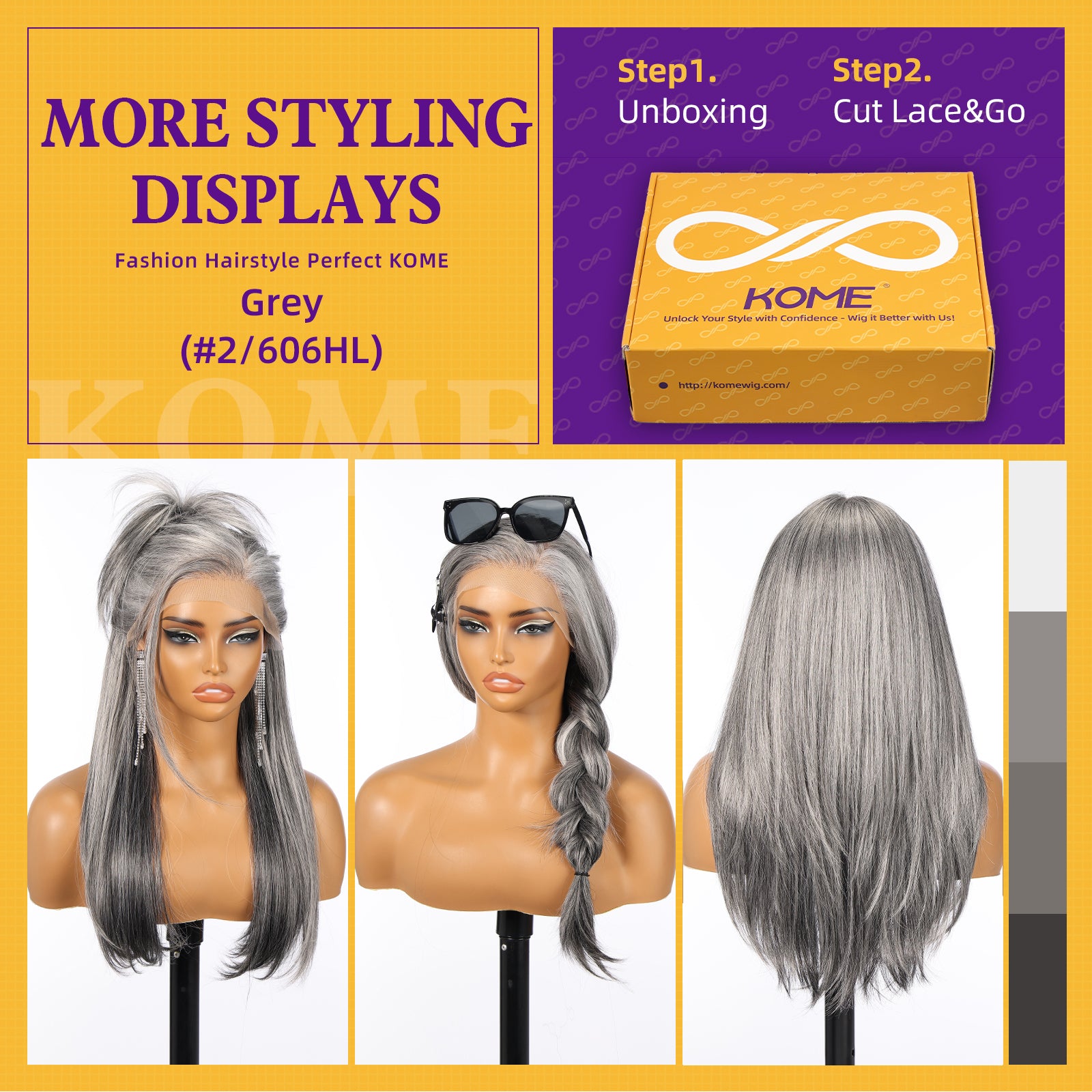 KOME Grey Mixed Synthetic Lace Front Wig, 13X6 Long Straight Layered Glueless Wigs for Women Daily Use 22IN(#2/606HL)