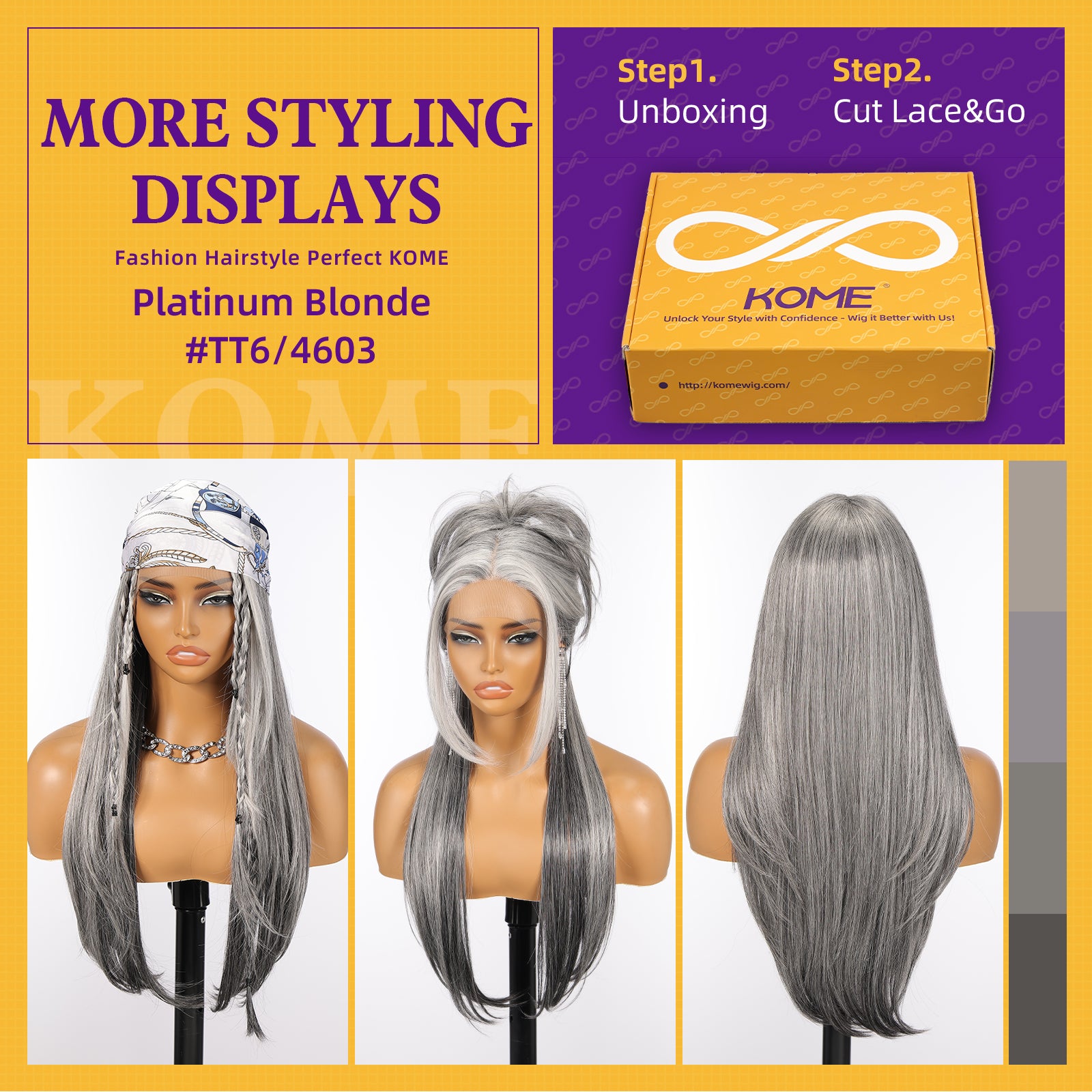 KOME Grey Synthetic Lace Front Wig,T Part Pre Cut Glueless Long Straight Layered Wigs for Women Cosplay Daily Use 26IN(#2/606HL)