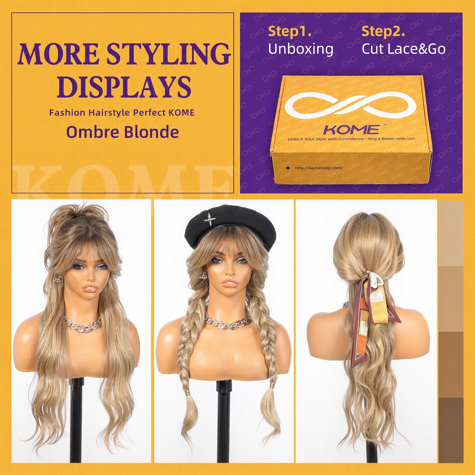 KOME Ombre Blonde Synthetic Lace Front Wig, T Part Glueless Layered Wavy Wigs With Bangs, Heat Resistant Wigs For Women Daily Party Use 26IN