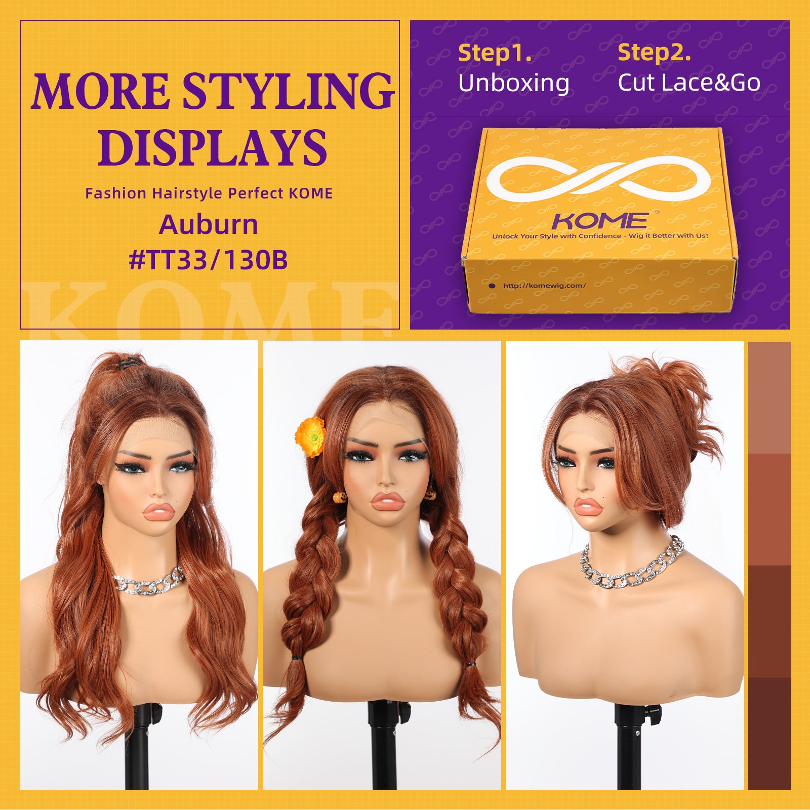 KOME Auburn Synthetic Lace Front Wig,13×6 Curly Ginger Glueless Wigs for Women Daily Use 22IN（#TT33/130B）