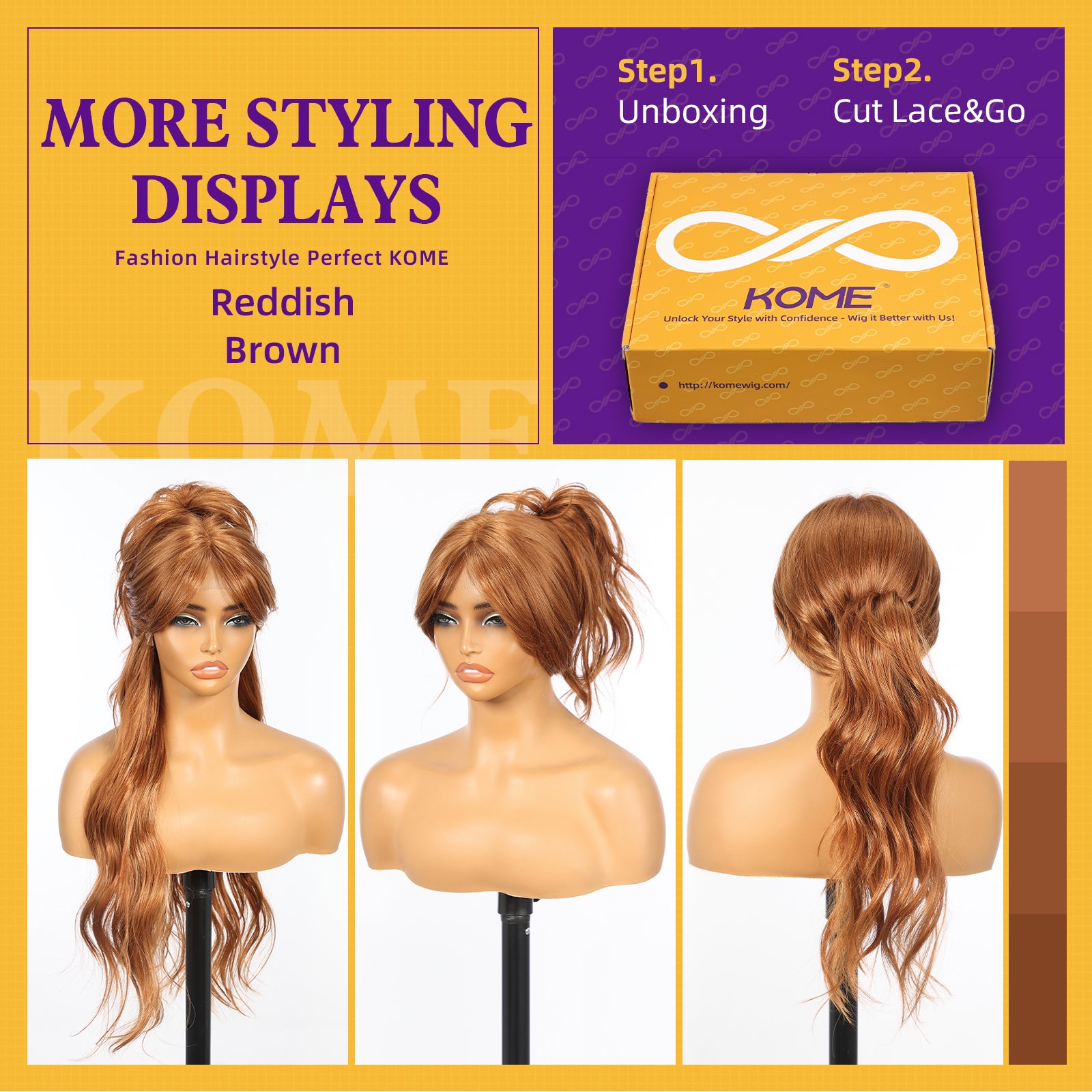 KOME Reddish Brown Synthetic Lace Front Wig,T Part Glueless Long Body Wavy Wigs With Bangs for Women Cosplay Daily Use 28IN