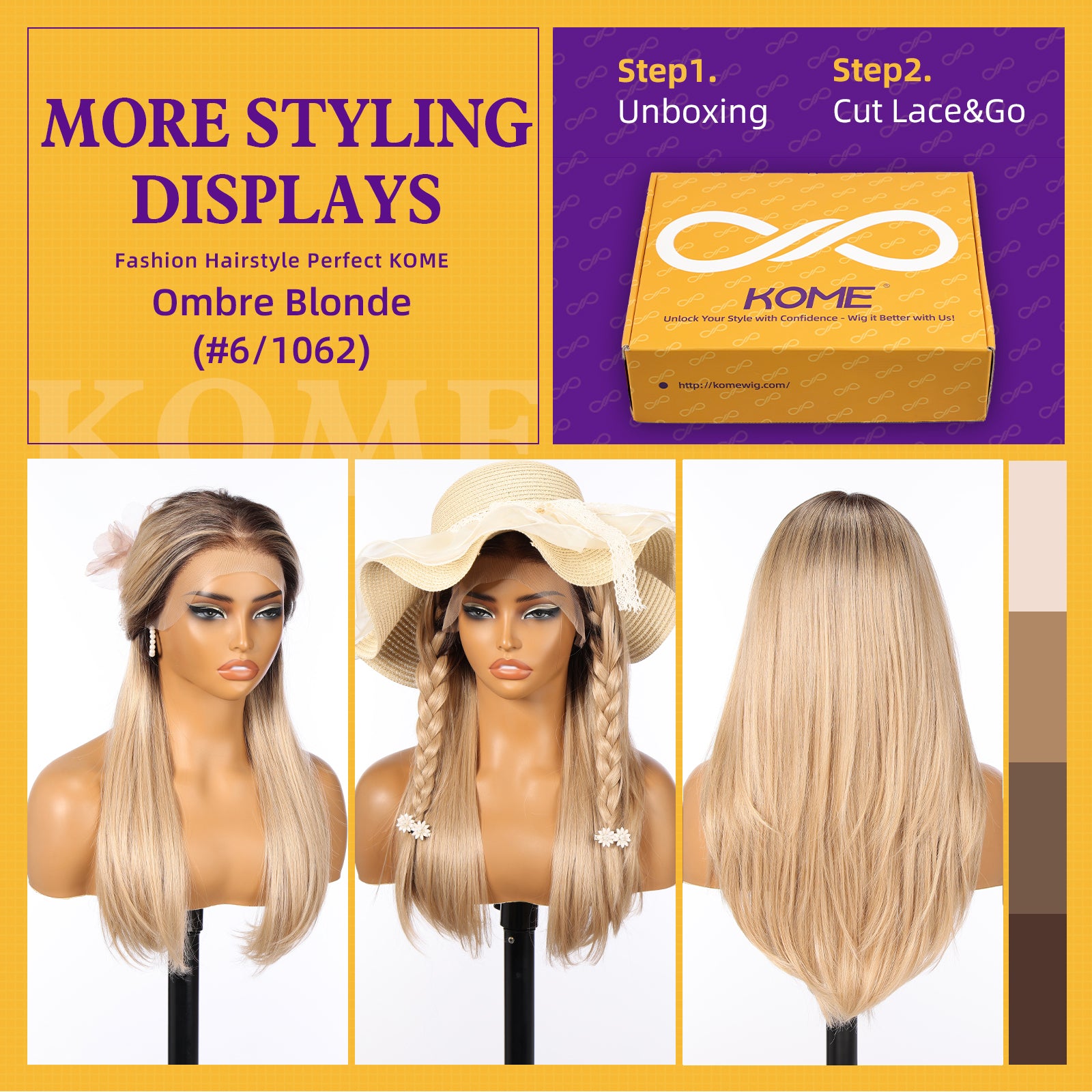 KOME Ombre Blonde Synthetic Lace Front Wig, 13X6 Long Straight Layered Glueless Wigs for Women Daily Use 22IN(#6/1062)