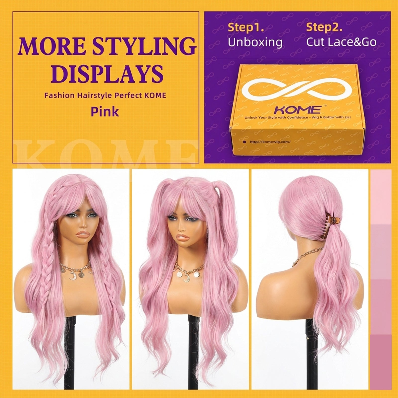 KOME Dirty Pink Synthetic Lace Front Wig,T Part Glueless Long Body Wavy Wigs With Bangs for Women Cosplay Daily Use 28IN
