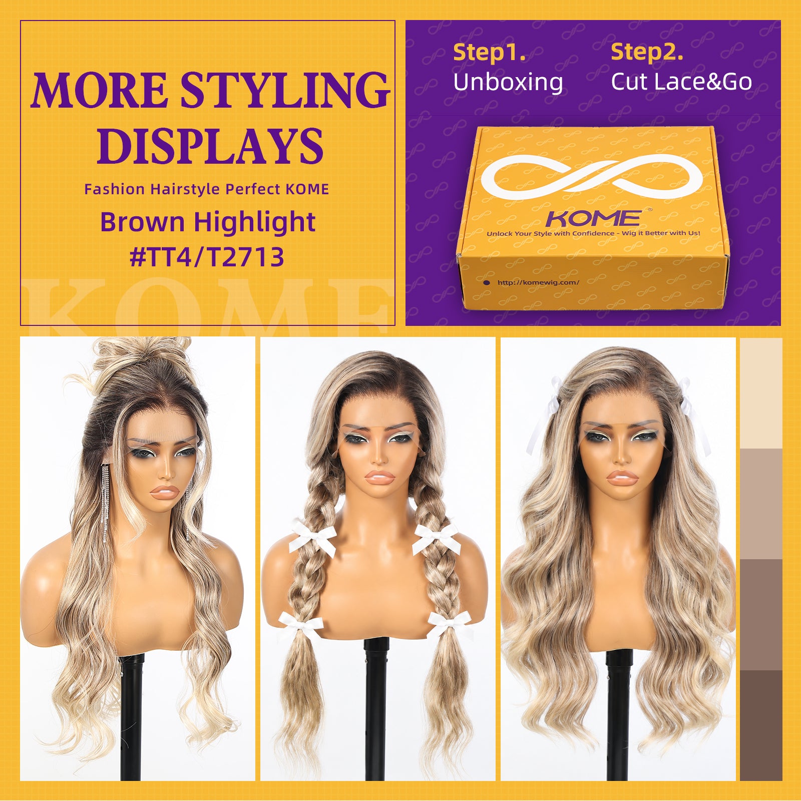 KOME Brown Highlight Synthetic Lace Front Wig,13×6 Curly Glueless Wigs for Women Daily Use 26IN（#TT4/T2713）