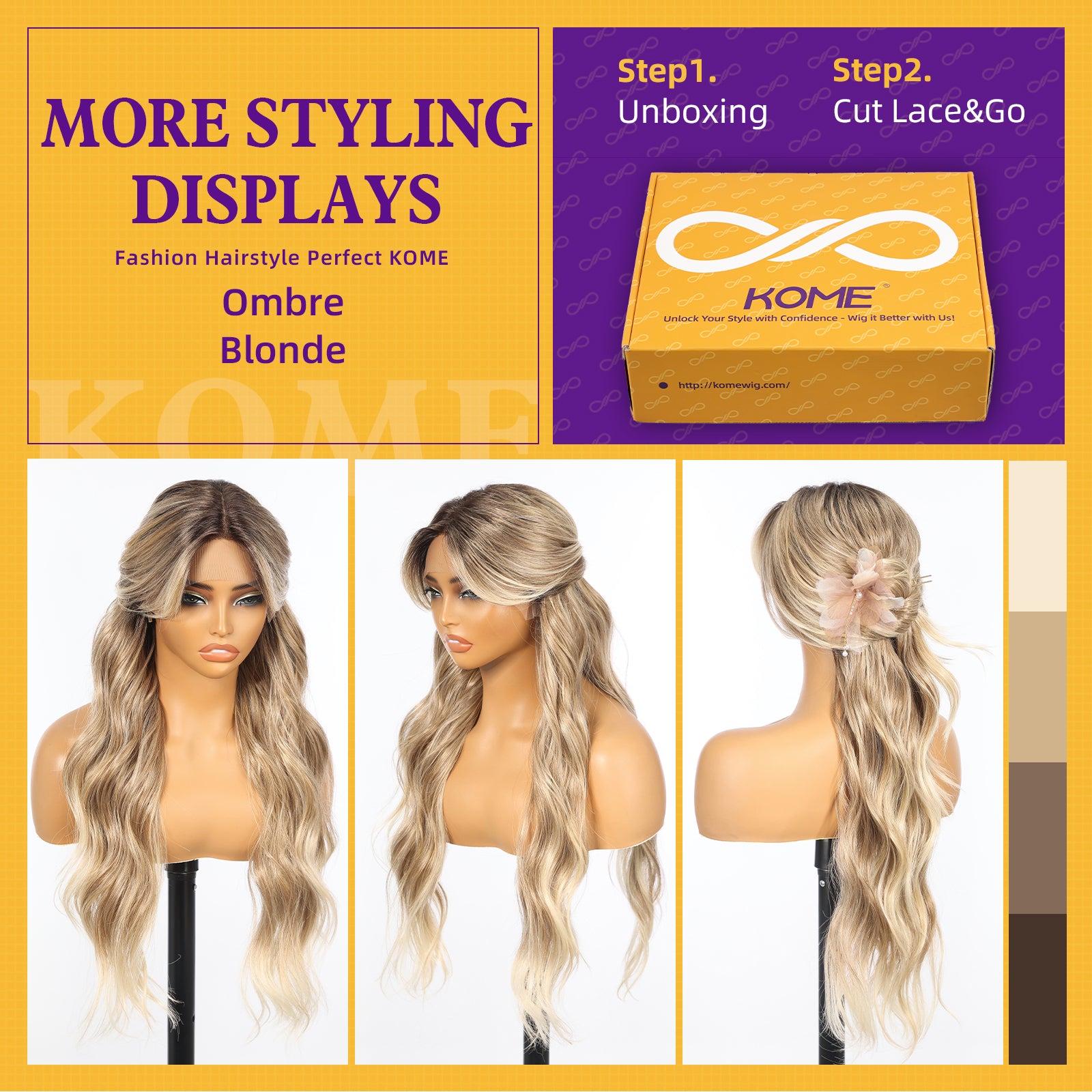 KOME Ombre Blonde Synthetic Lace Front Wig,T Part Glueless Long Body Wavy Wigs With Bangs for Women Cosplay Daily Use 28IN