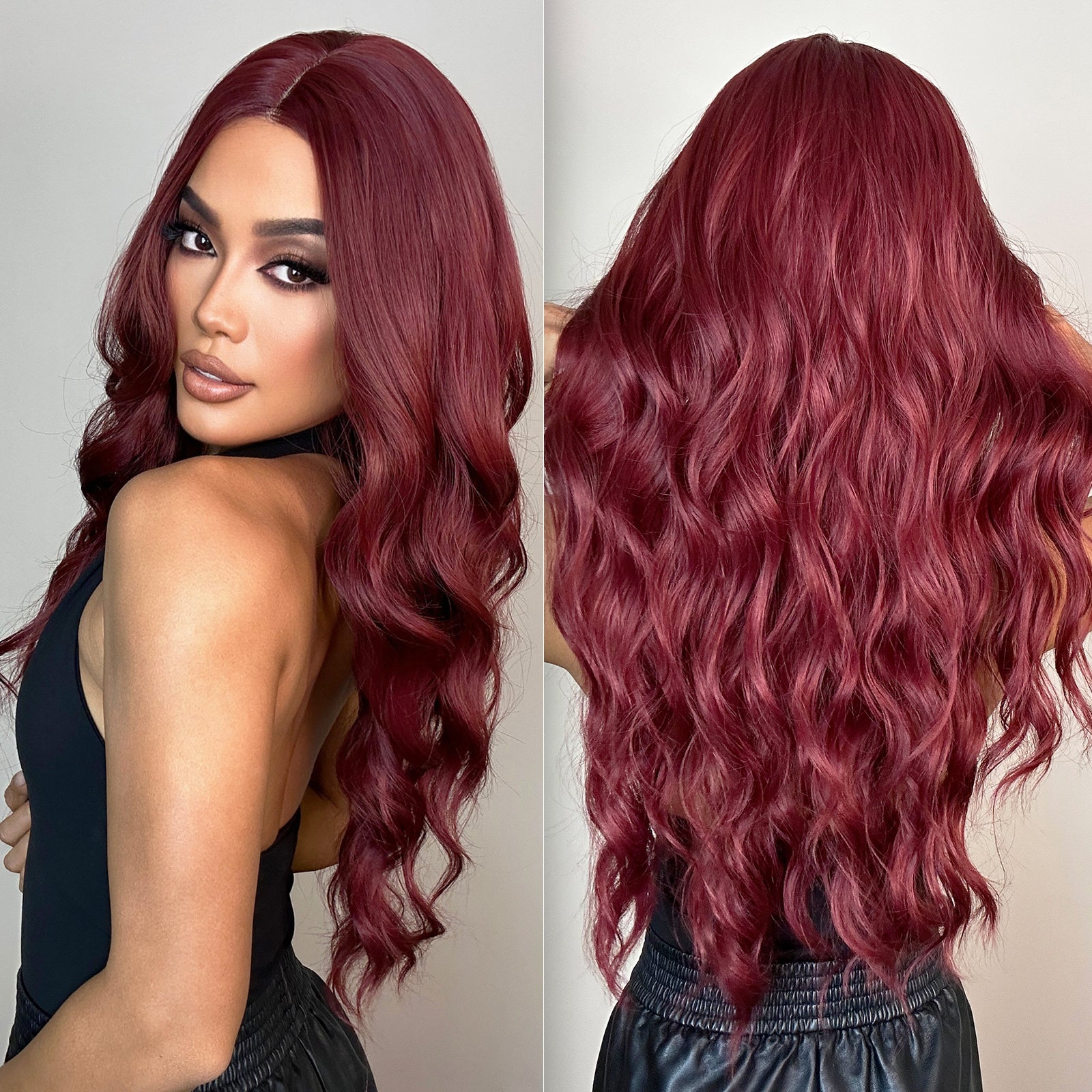 KOME Red Wig,Long Burgundy Wavy Wig for Women,Lace Front Middle Part Curly Wavy Wig,Natural Looking Synthetic Heat Resistant Fiber Wig for Daily Party Use 26IN…