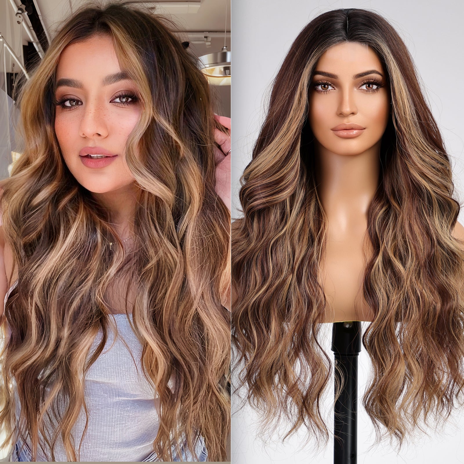 KOME Ombre Brown Wig for Women,Brown mix Blonde Wigs Lace Front Middle Part Curly Wavy Wig,Synthetic Heat Resistant Fiber Wig for Daily Party Use 26IN