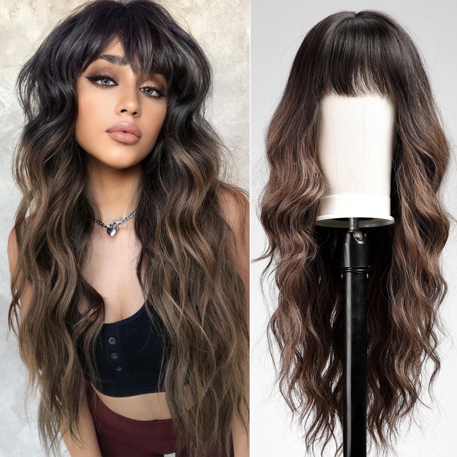 Ombre Brown Wigs with Bangs,Brown Long Wavy Wig for Women,Long Curly Wigs Dark Roots Synthetic Hair Wig for Party Daily Use 26IN