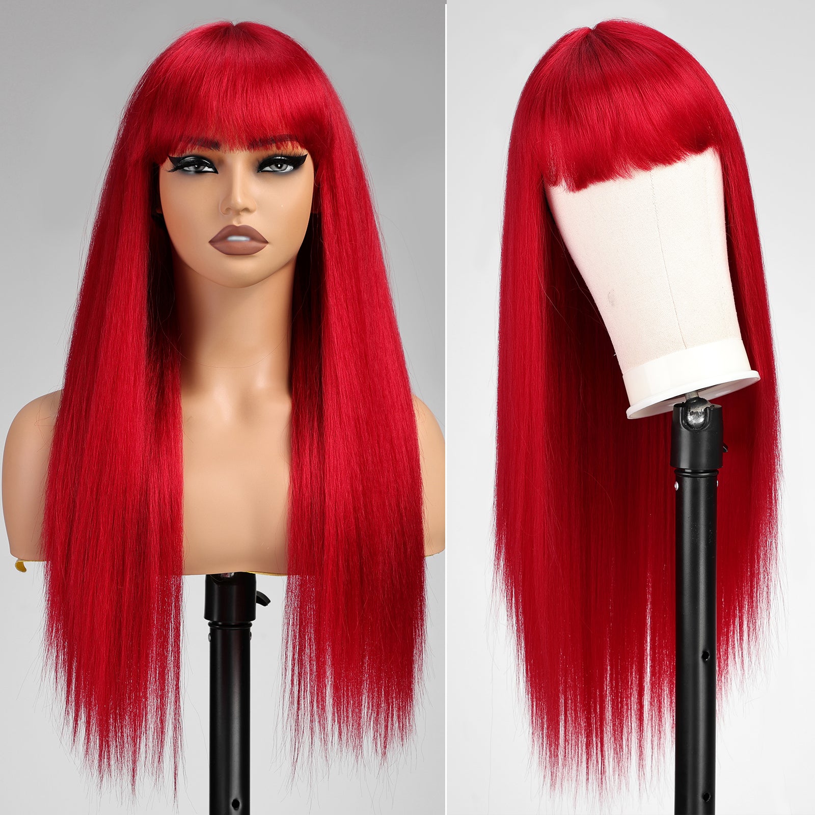 KOME Red Wigs for Women,Yaki Straight Glueless Synthetic Long Silk Natural Wig with Bangs Heat Resistant Fiber 26IN