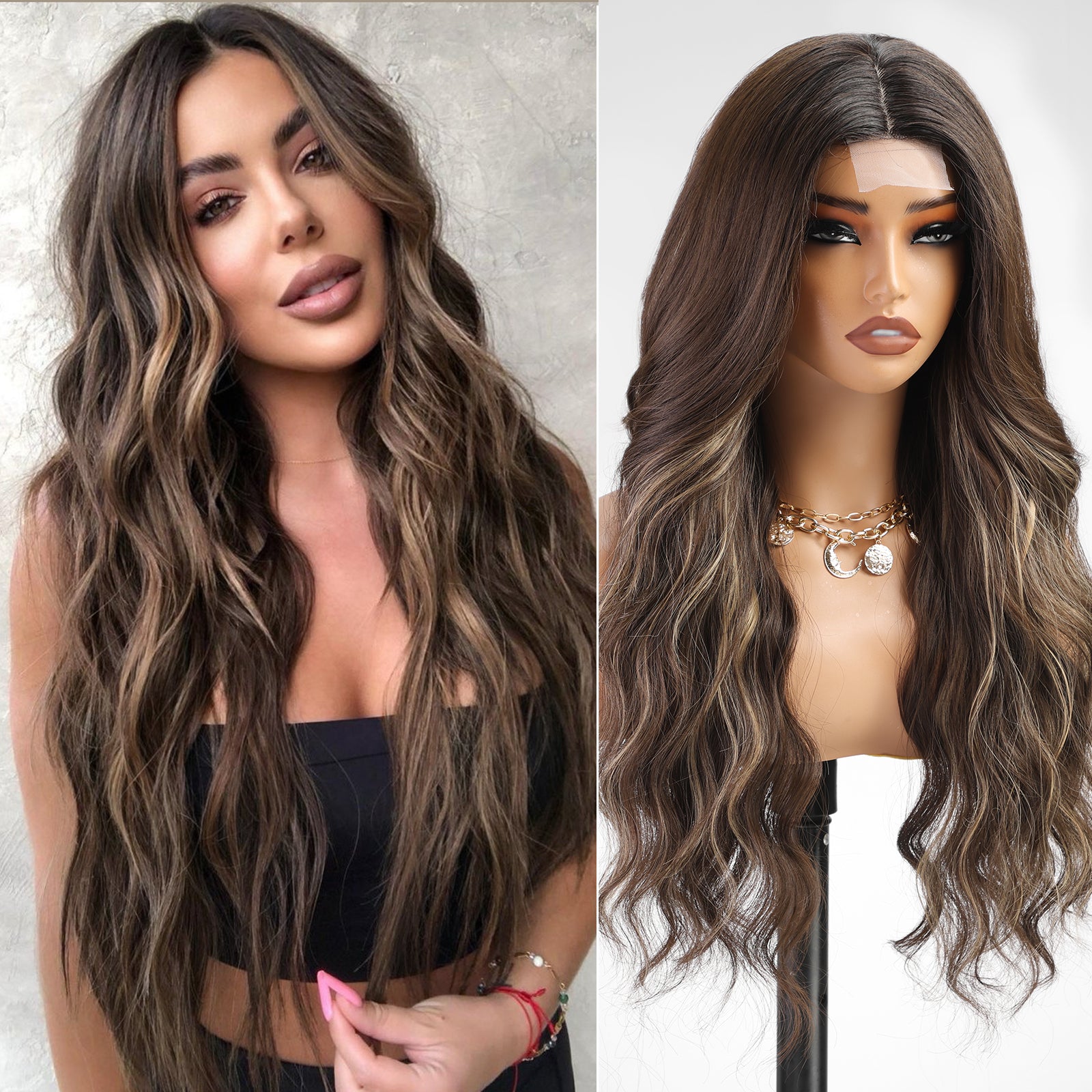 KOME Dark Brown Wig for Women,Brown Highlight Wigs Lace Front Middle Part Curly Wavy Wig,Synthetic Heat Resistant Fiber Wig for Daily Party Use 26IN