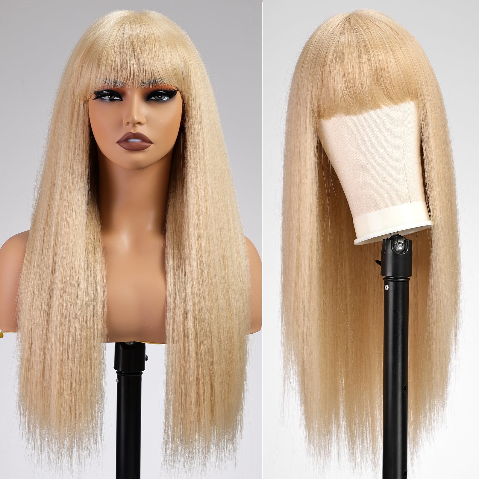 KOME Ash Blonde Wigs for Women,Yaki Straight Glueless Synthetic Long Silk Natural Wig with Bangs Heat Resistant Fiber 26IN